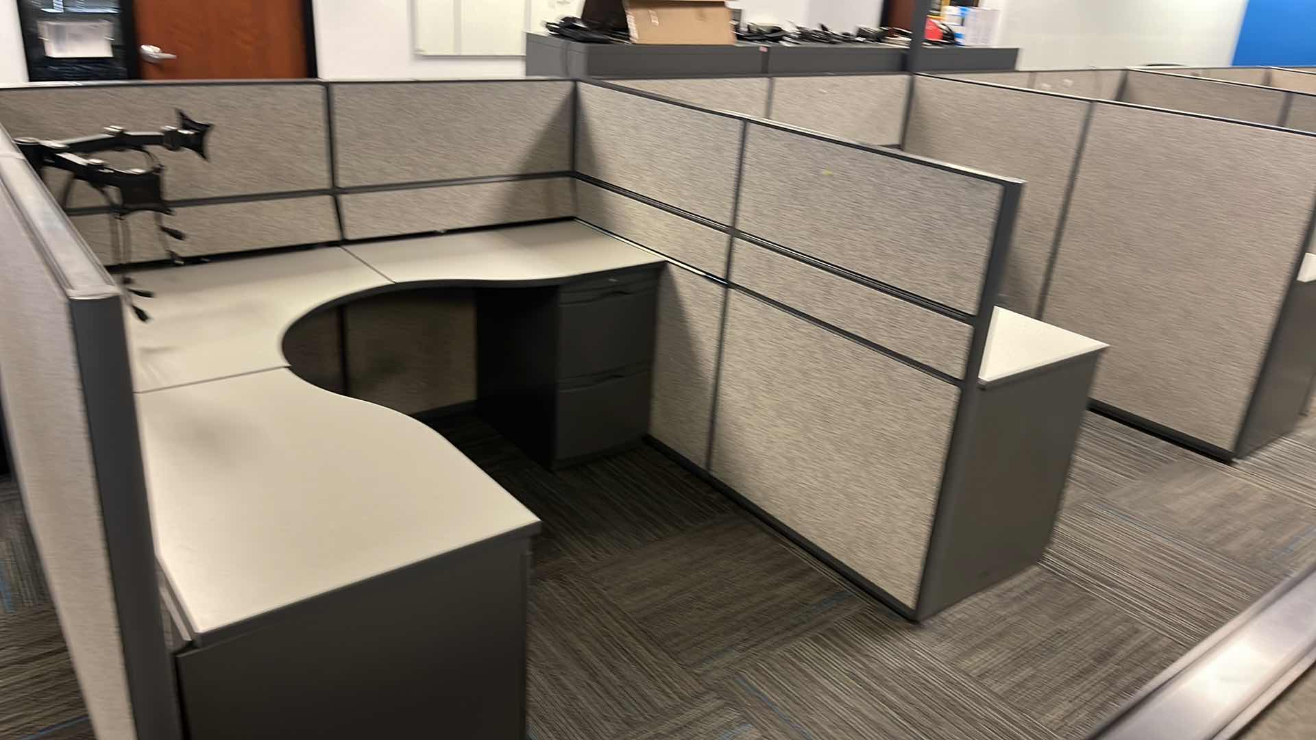 Photo 1 of 2 PC CUBICAL SET W 5 DRAWER MEDAL BASE DESKS 76” X 76” H50” (BUYER TO DISASSEMBLE & REMOVE FROM 2ND STORY OFFICE BUILDING W ELEVATOR)