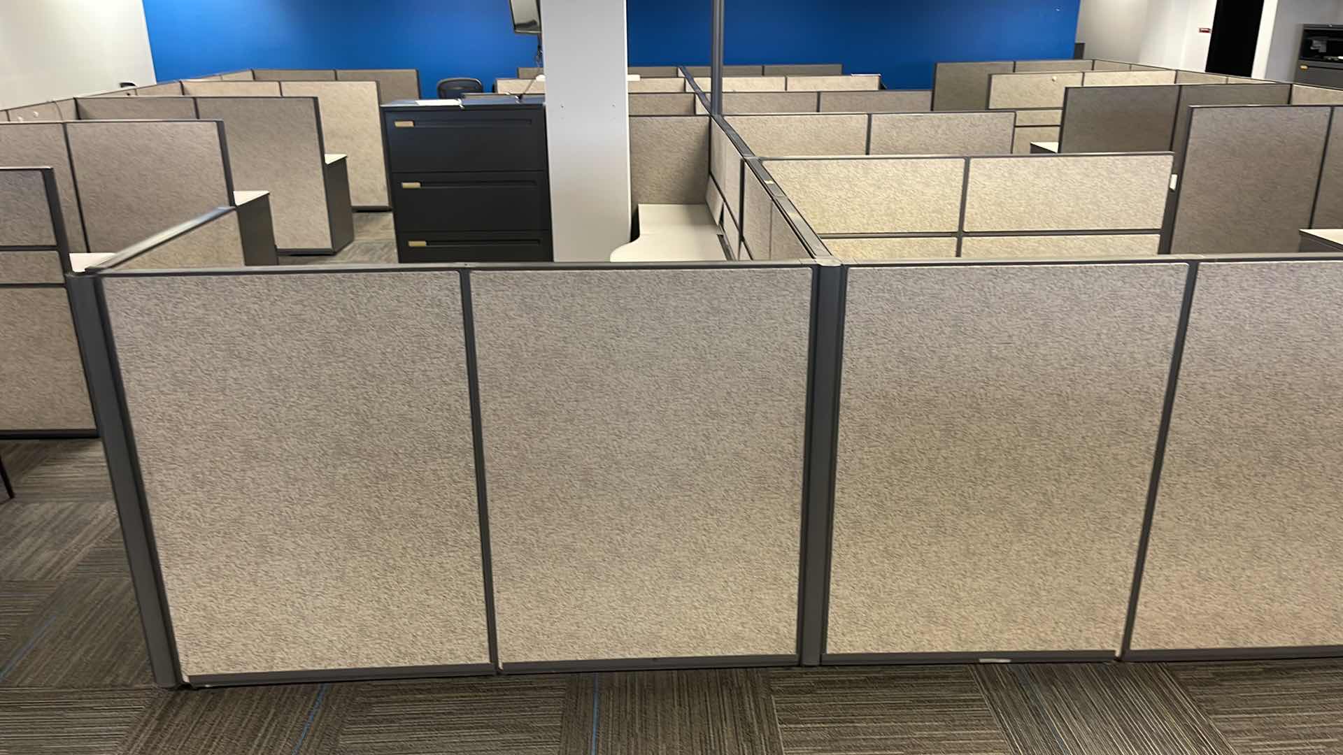 Photo 1 of 3 PC CUBICLE SET W 5 DRAWER MEDAL BASE DESKS 2 CUBICLES 76” X 76�” H50” 1 CUBICLE 12’ X 76” H50”(BUYER TO DISASSEMBLE & REMOVE FROM 2ND STORY OFFICE BUILDING W ELEVATOR)