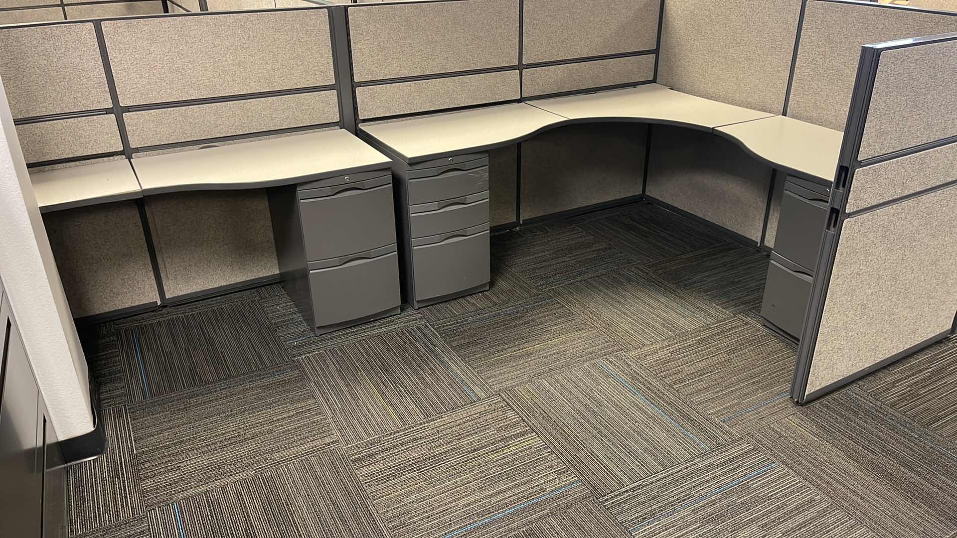 Photo 2 of 3 PC CUBICLE SET W 5 DRAWER MEDAL BASE DESKS 2 CUBICLES 76” X 76” H50” 1 CUBICLE 12’ X 76” H50”(BUYER TO DISASSEMBLE & REMOVE FROM 2ND STORY OFFICE BUILDING W ELEVATOR)