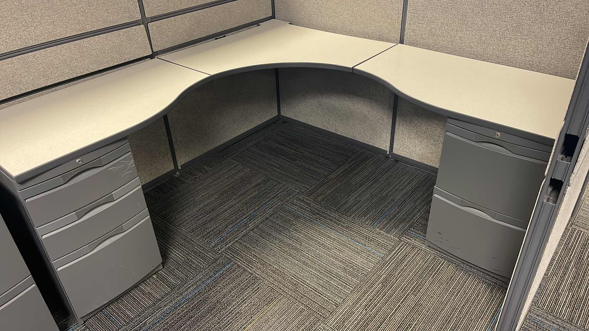 Photo 3 of 3 PC CUBICLE SET W 5 DRAWER MEDAL BASE DESKS 2 CUBICLES 76” X 76” H50” 1 CUBICLE 12’ X 76” H50”(BUYER TO DISASSEMBLE & REMOVE FROM 2ND STORY OFFICE BUILDING W ELEVATOR)