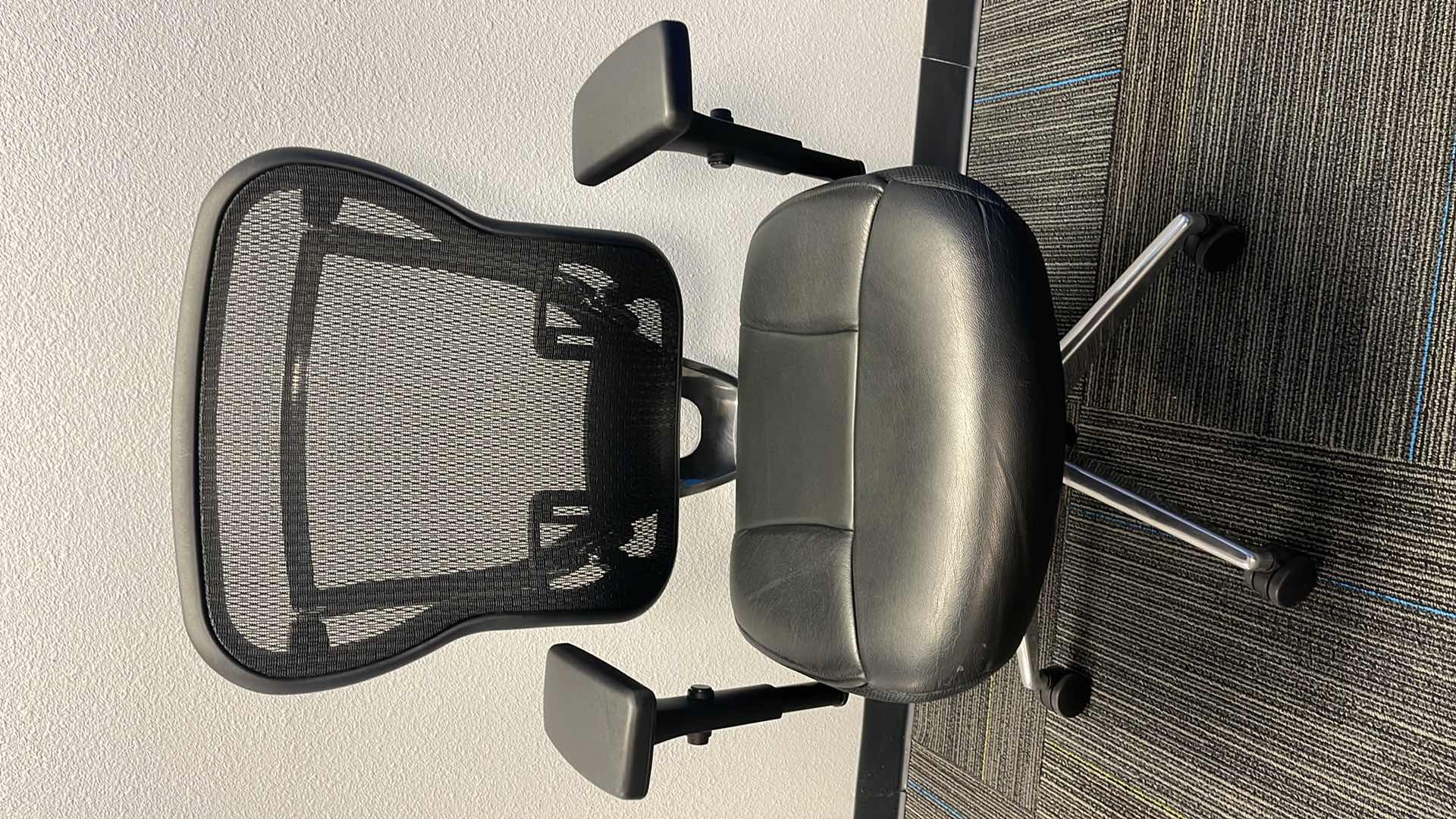 Photo 1 of COMMERCIAL MEDAL BASE ROLLING OFFICE CHAIR W LEATHER SEAT & LUMBAR SUPPORT
