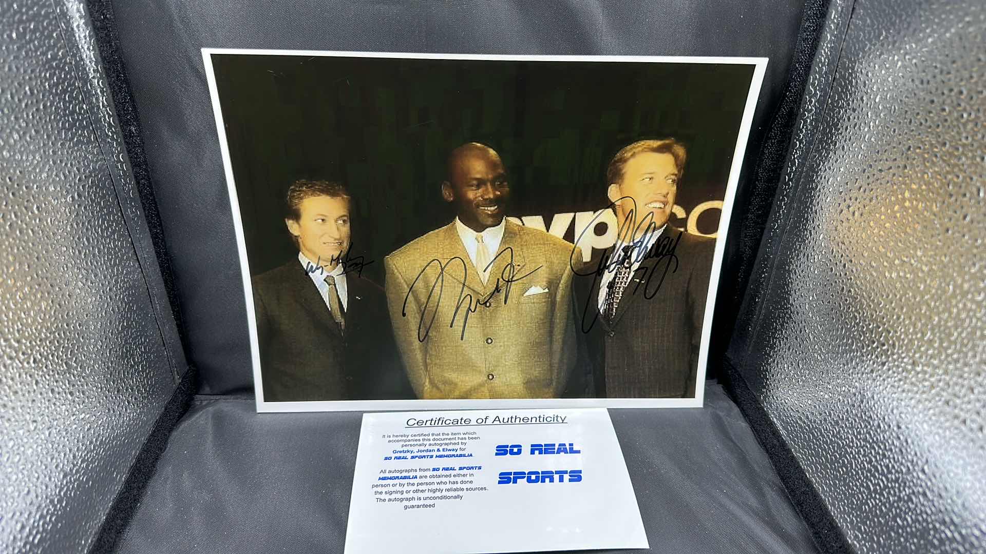 Photo 1 of RARE MICHAEL JORDAN, JOHN ELWAY, & WAYNE GRETZKY 8” X 10” AUTOGRAPHED PHOTO W COA