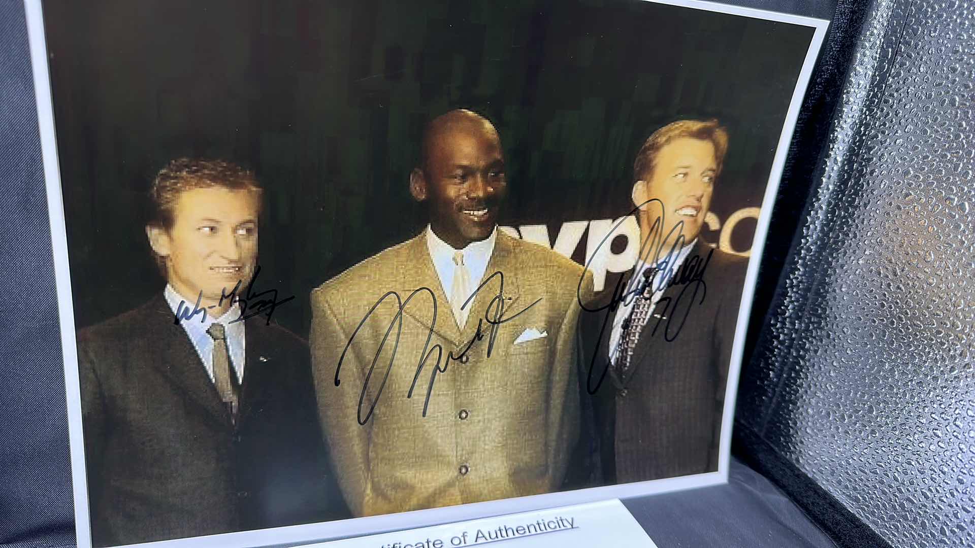 Photo 2 of RARE MICHAEL JORDAN, JOHN ELWAY, & WAYNE GRETZKY 8” X 10” AUTOGRAPHED PHOTO W COA