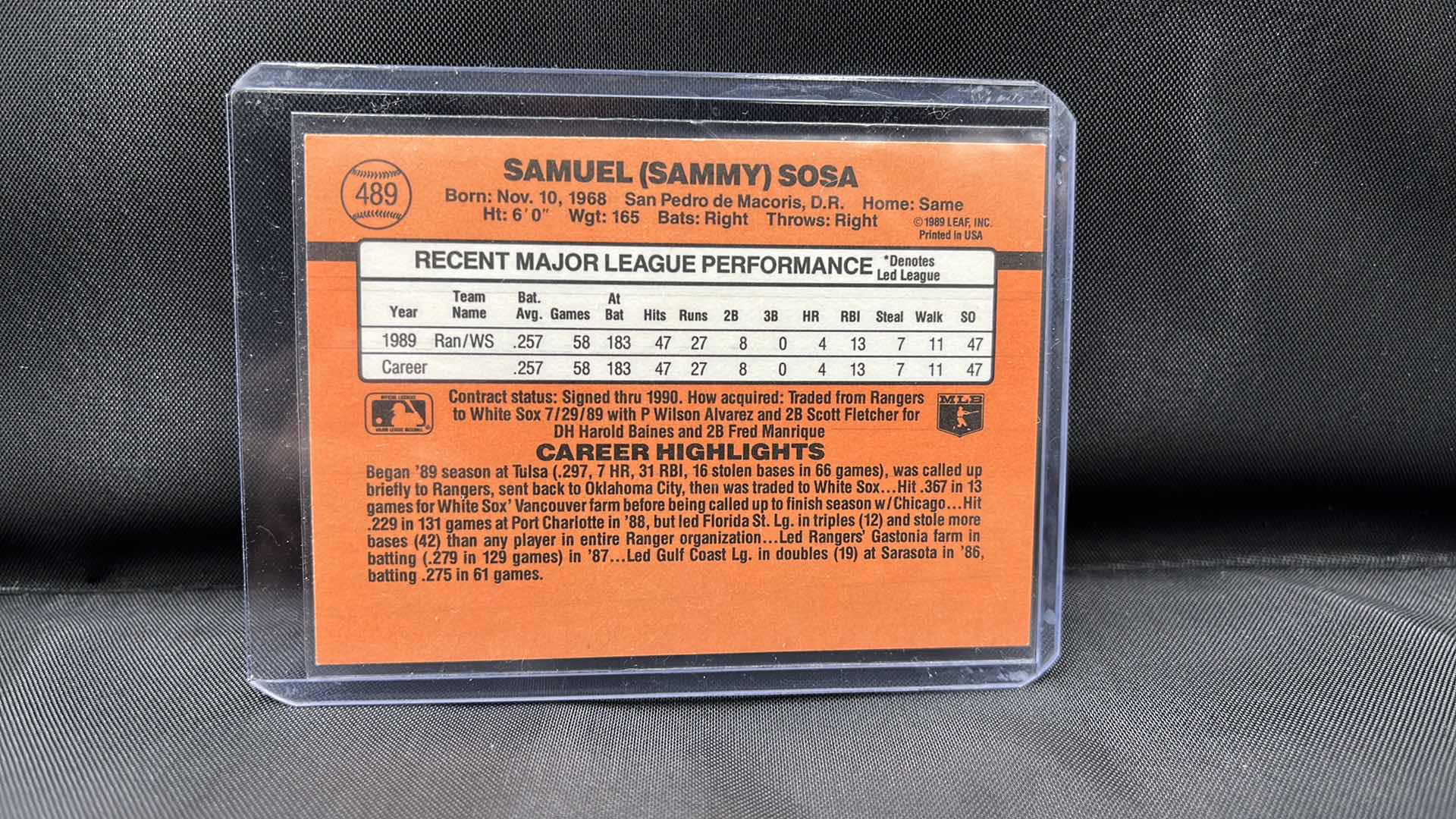 Photo 2 of 1989 leaf donruss Sammy sosa 489