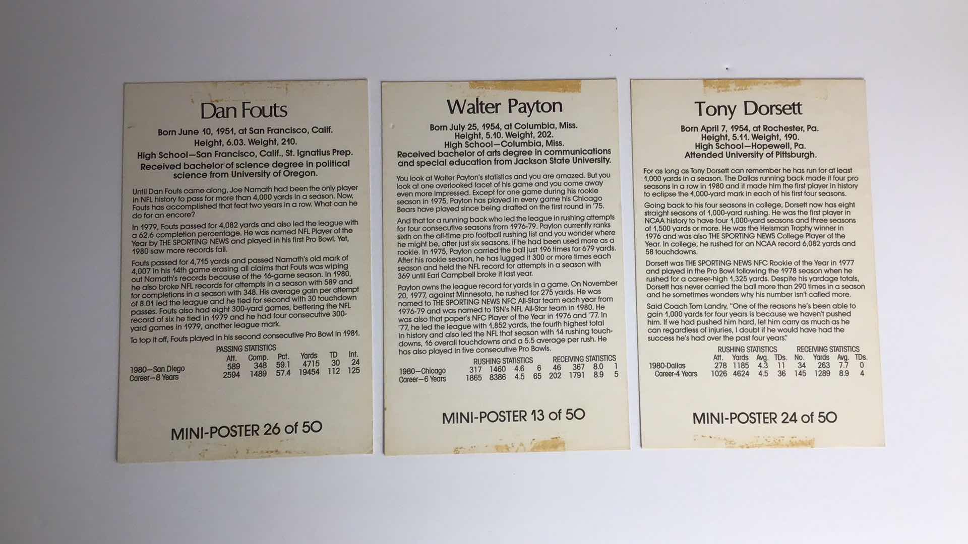 Photo 2 of  LOT OF 5-980S NFL MINI POSTER CARDS TERRY BRADSHAW, DAN FOUTS, WALTER PAYTON, TONY DORSETT, EARL CAMPBELL*