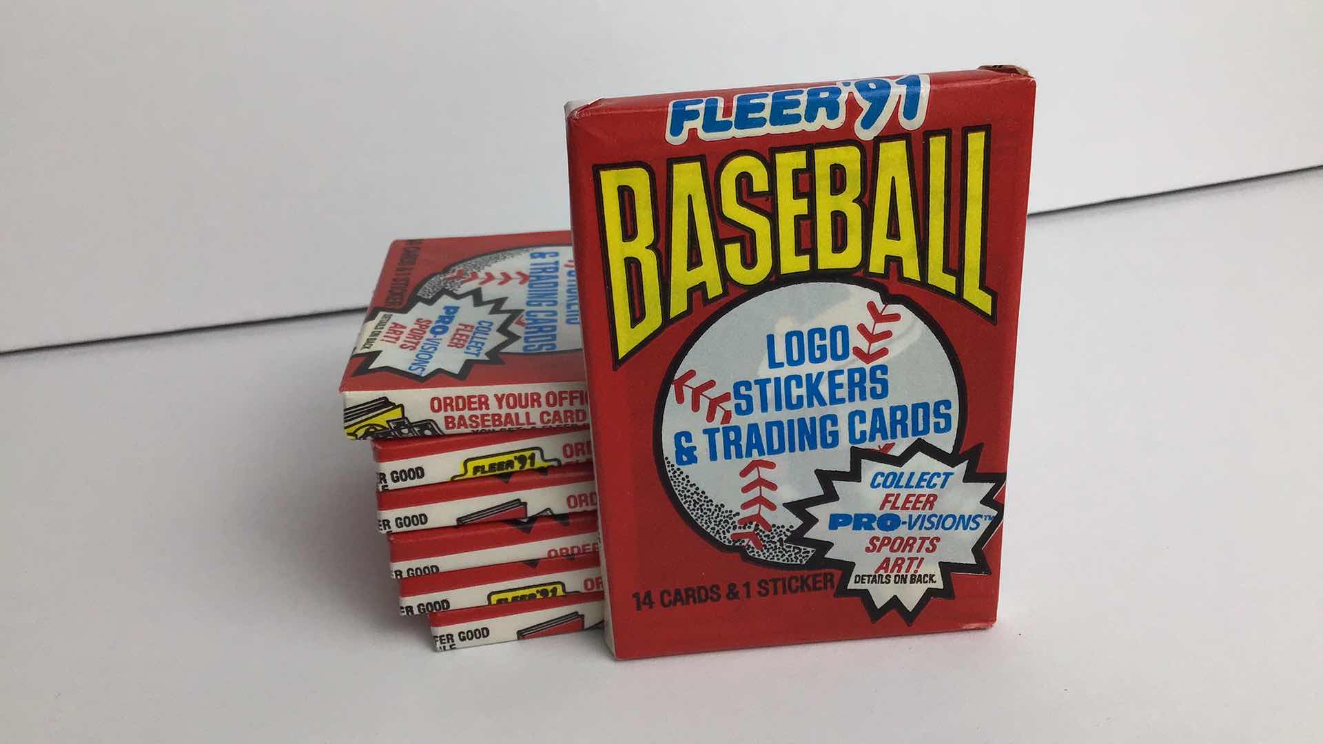 Photo 1 of $50 LOT OF 7 FLEER 91 LOGO STICKERS & TRADING CARDS SEALED PACKS*