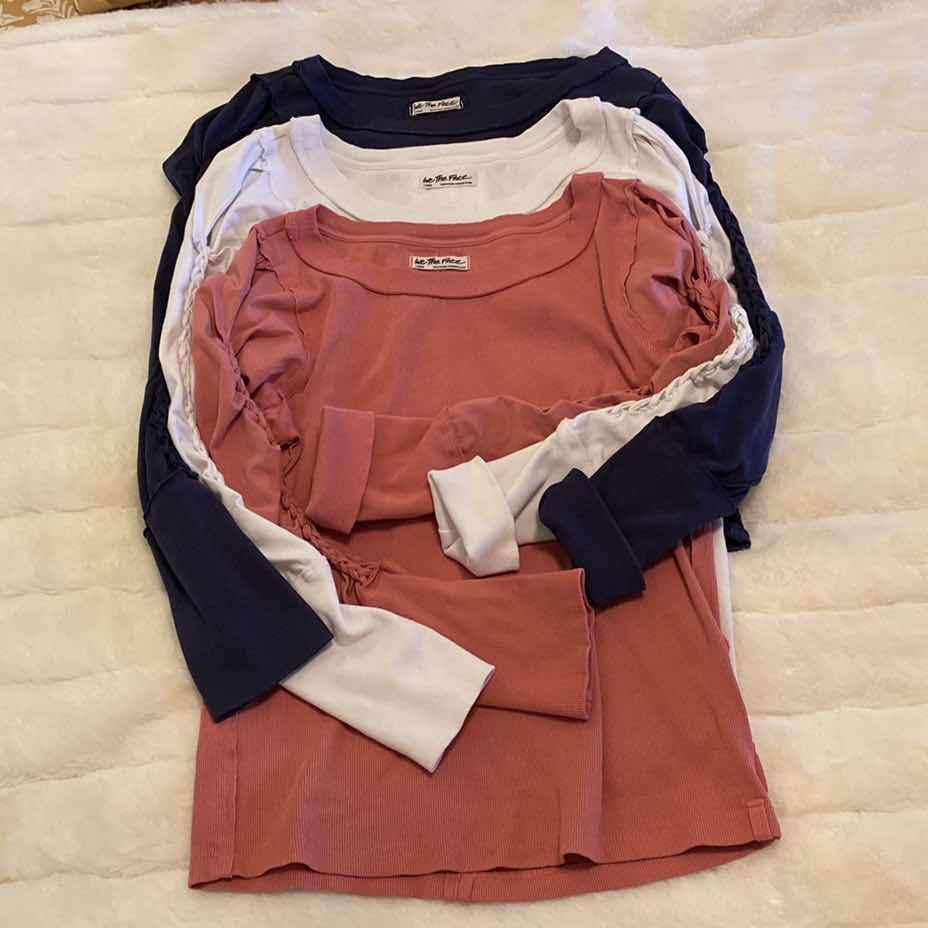 Photo 1 of 3-WOMENS SIZE LARGE FREE PEOPLE BRAIDED SLEEVE SHIRTS MAUVE, WHITE & NAVY ORIGINAL $68 EACH