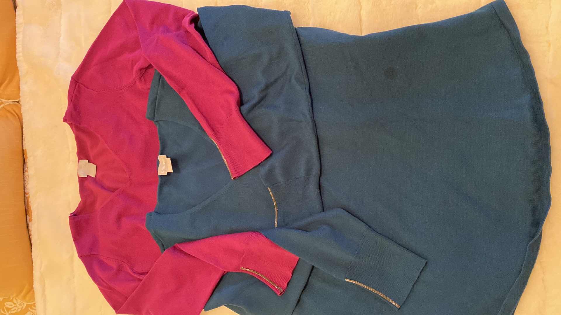 Photo 4 of WOMENS SIZE 10 VIRTUE CUFFED BLACK DESS PANTS, XL (FITS LIKE LARGE)CHRISTINA V BLACK TUNIC & 2 SIZE O CHICOS V NECK SLEEVE EMBELLISHED SWEATERS MAGENTA AND EMERALD GREEN