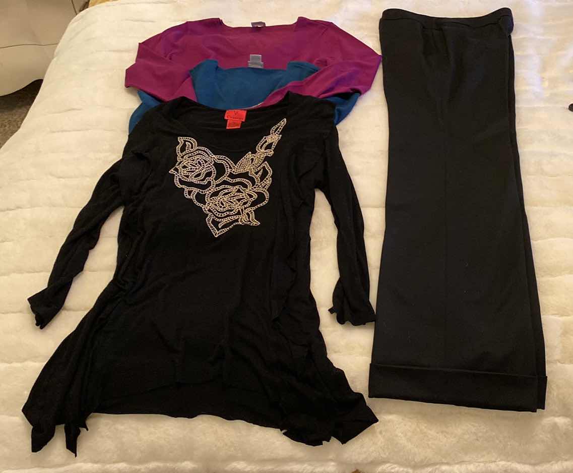 Photo 1 of WOMENS SIZE 10 VIRTUE CUFFED BLACK DESS PANTS, XL (FITS LIKE LARGE)CHRISTINA V BLACK TUNIC & 2 SIZE O CHICOS V NECK SLEEVE EMBELLISHED SWEATERS MAGENTA AND EMERALD GREEN