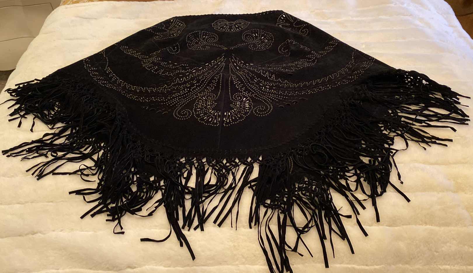 Photo 2 of LARGE BLACK SUEDE CUT OUT SHAWL WITH BRASS GROMMETS & FRINGE