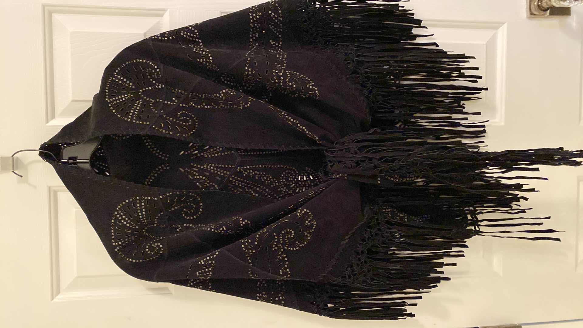 Photo 7 of LARGE BLACK SUEDE CUT OUT SHAWL WITH BRASS GROMMETS & FRINGE