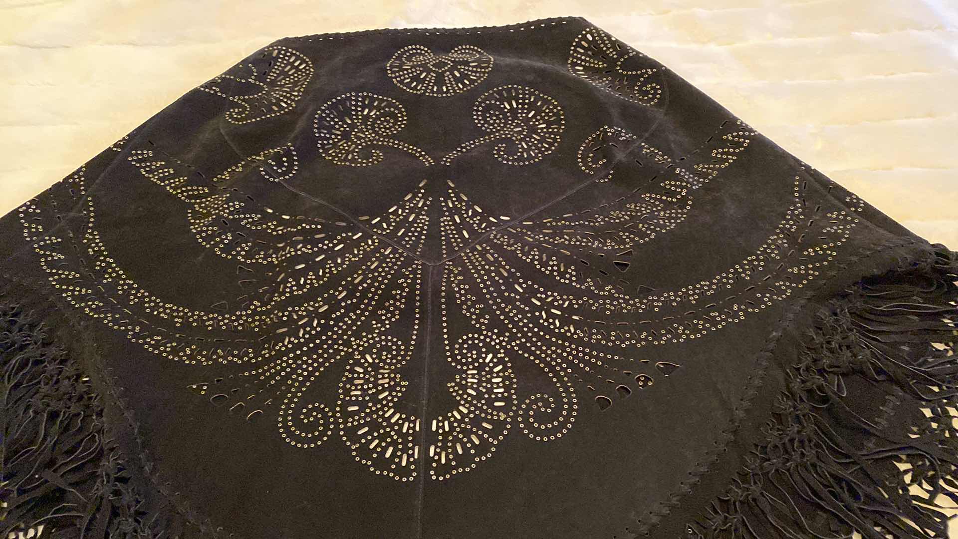 Photo 3 of LARGE BLACK SUEDE CUT OUT SHAWL WITH BRASS GROMMETS & FRINGE