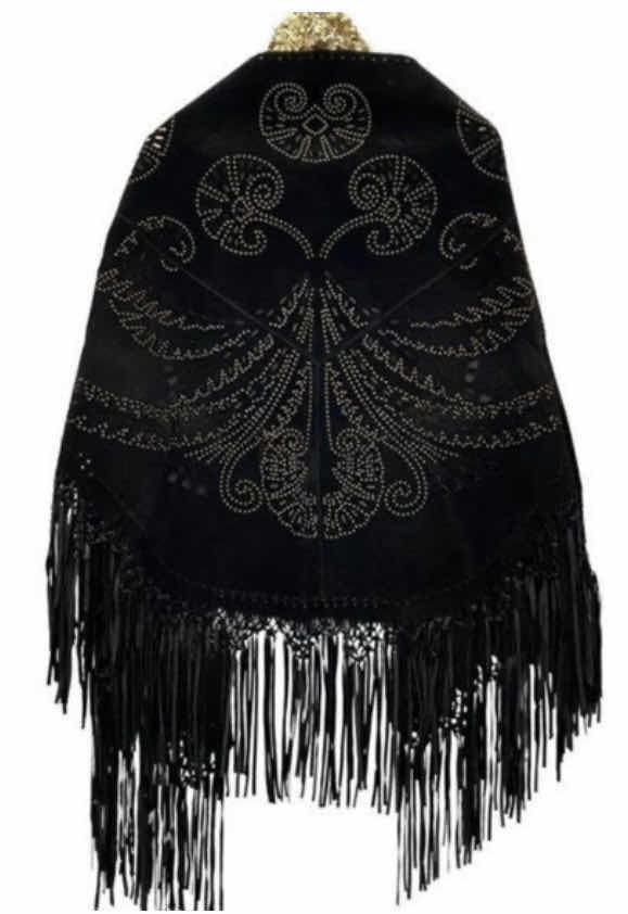 Photo 1 of LARGE BLACK SUEDE CUT OUT SHAWL WITH BRASS GROMMETS & FRINGE