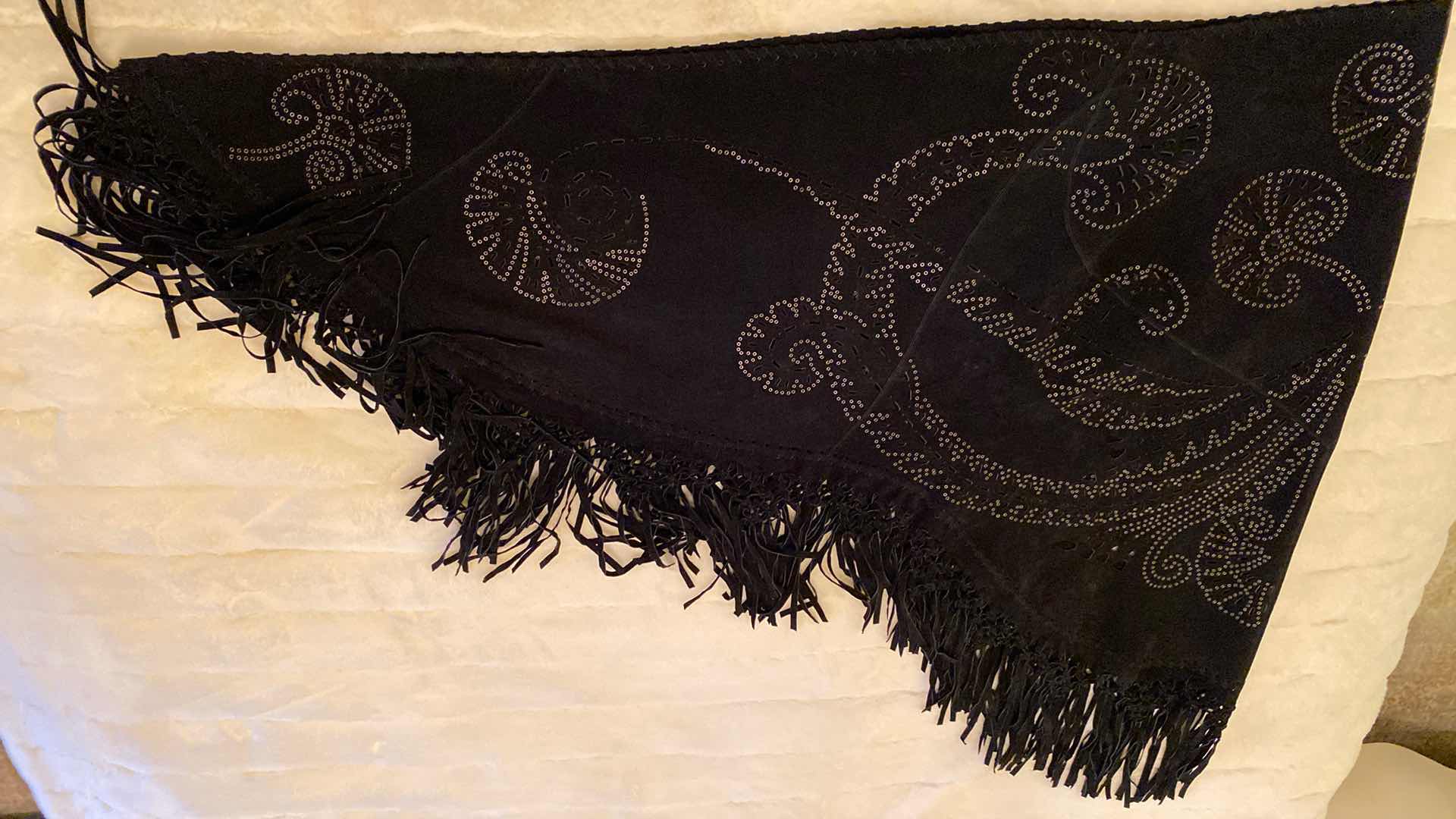 Photo 9 of LARGE BLACK SUEDE CUT OUT SHAWL WITH BRASS GROMMETS & FRINGE