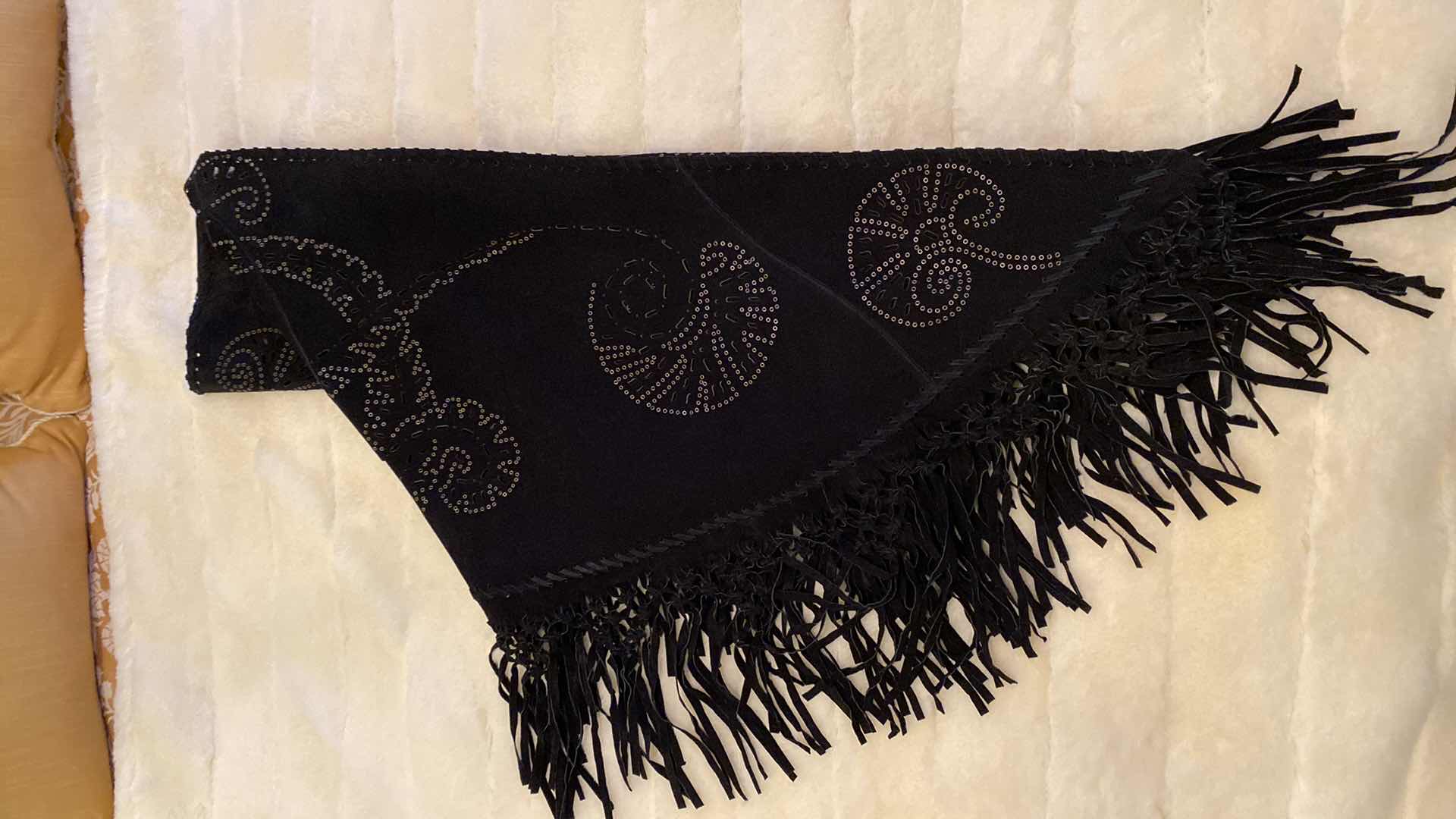 Photo 5 of LARGE BLACK SUEDE CUT OUT SHAWL WITH BRASS GROMMETS & FRINGE