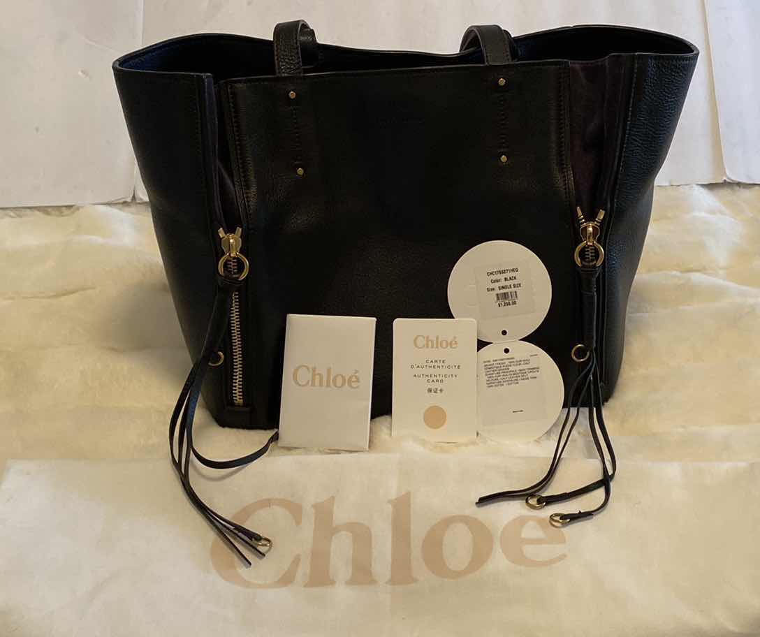 Photo 1 of AUTHENTIC CHLOE SINGLE SIZE MILO BLACK LEATHER & SUEDE TOTE - LIKE NEW- FINAL SALE - NOT RETURNABLE 13” X 7” H 11” NOT INCLUDING HANDLES, INCLUDES PELKIN PINK FELT ORGANIZER