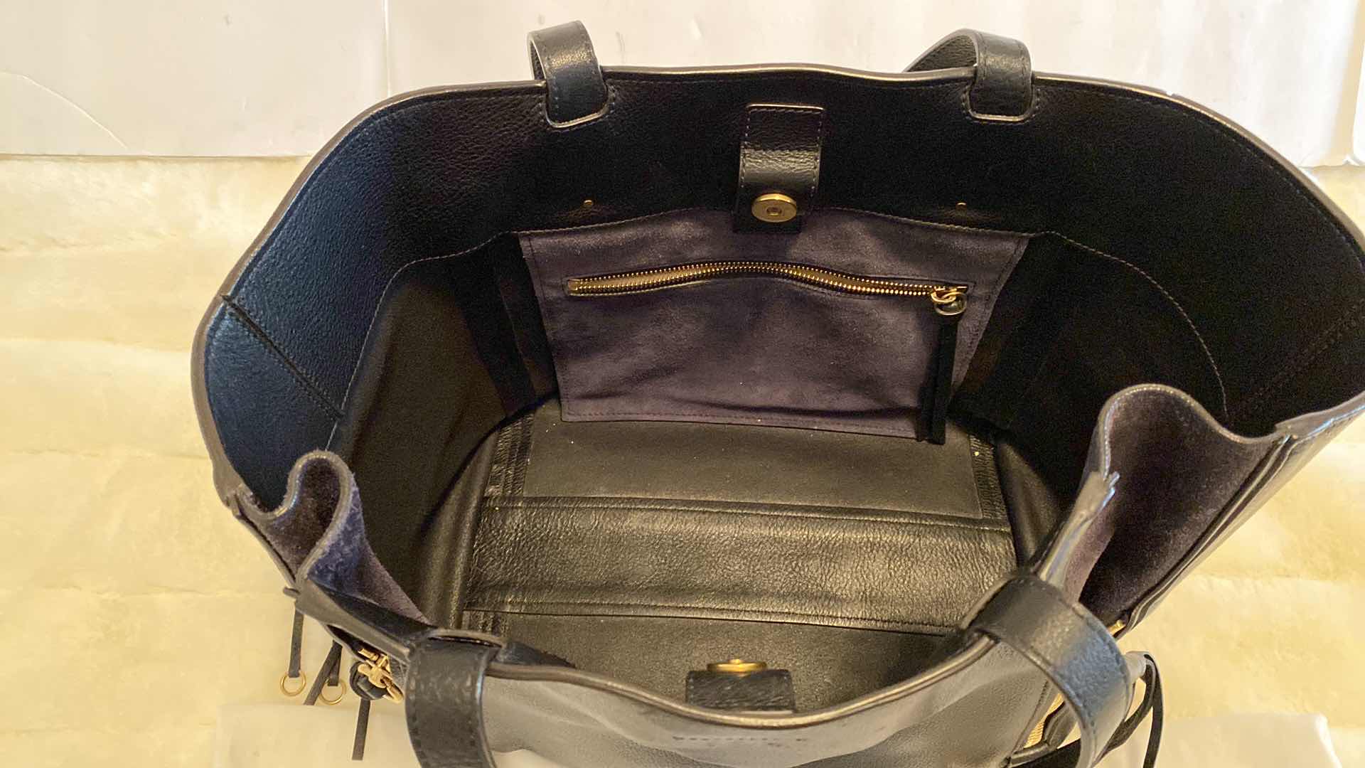 Photo 6 of AUTHENTIC CHLOE SINGLE SIZE MILO BLACK LEATHER & SUEDE TOTE - LIKE NEW- FINAL SALE - NOT RETURNABLE 13” X 7” H 11” NOT INCLUDING HANDLES, INCLUDES PELKIN PINK FELT ORGANIZER
