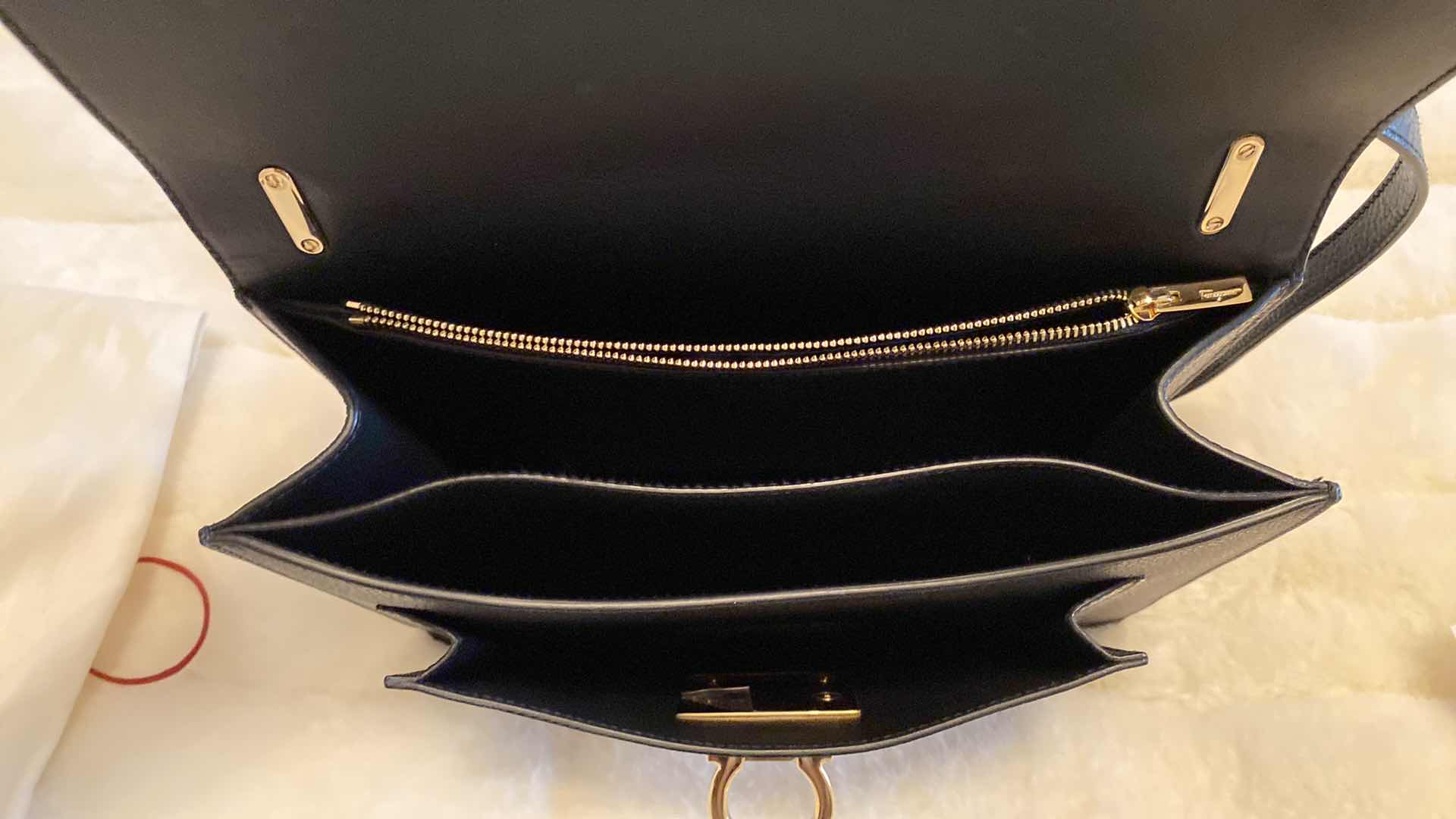 Photo 9 of AUTHENTIC SALVATORE FERRAGAMO MARISOL NERO CALF AND NERO SKIN HANDBAG WITH BOX, FINAL SALE, NOT REFUNDABLE 10 1/2” x 3” H8 1/4”