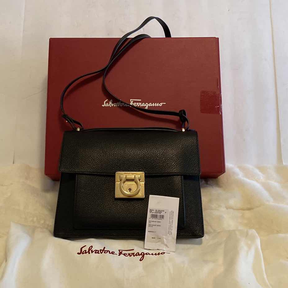 Photo 1 of AUTHENTIC SALVATORE FERRAGAMO MARISOL NERO CALF AND NERO SKIN HANDBAG WITH BOX, FINAL SALE, NOT REFUNDABLE 10 1/2” x 3” H8 1/4”