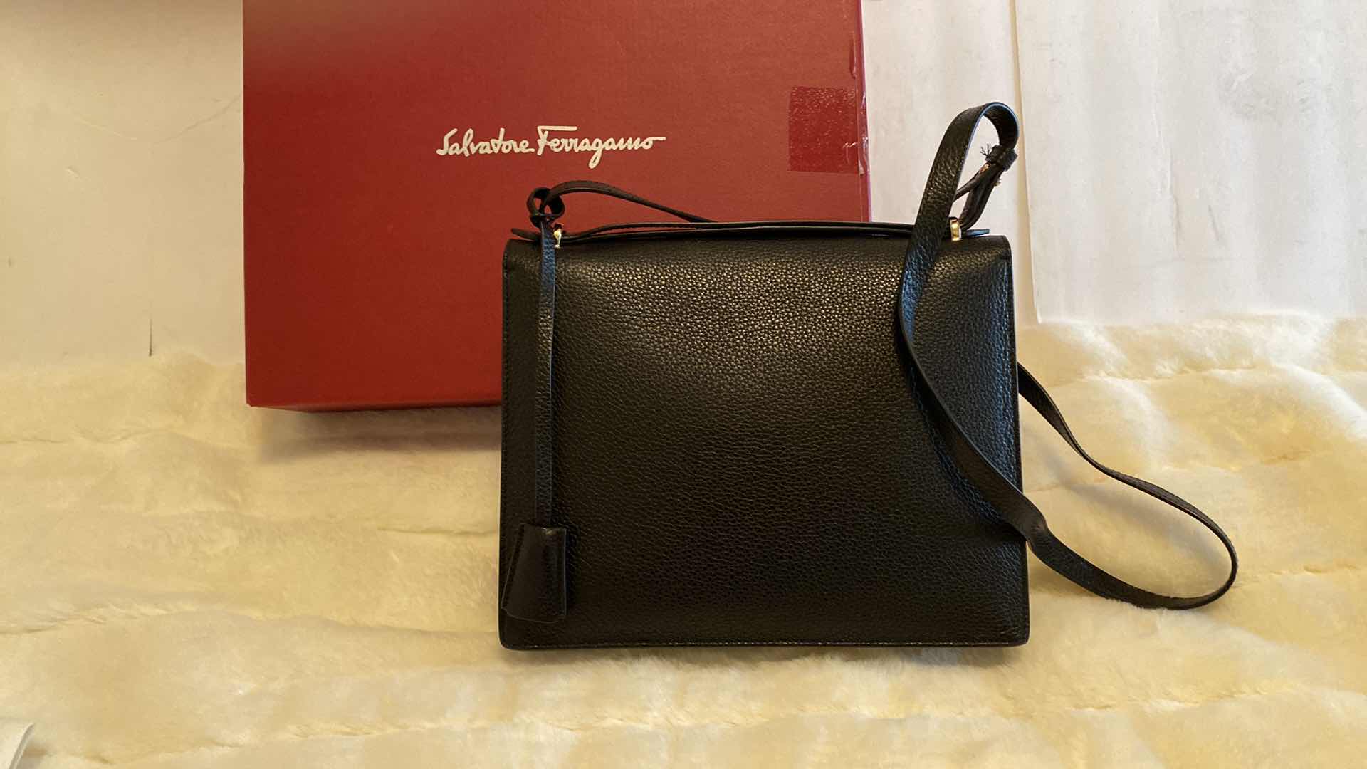 Photo 7 of AUTHENTIC SALVATORE FERRAGAMO MARISOL NERO CALF AND NERO SKIN HANDBAG WITH BOX, FINAL SALE, NOT REFUNDABLE 10 1/2” x 3” H8 1/4”