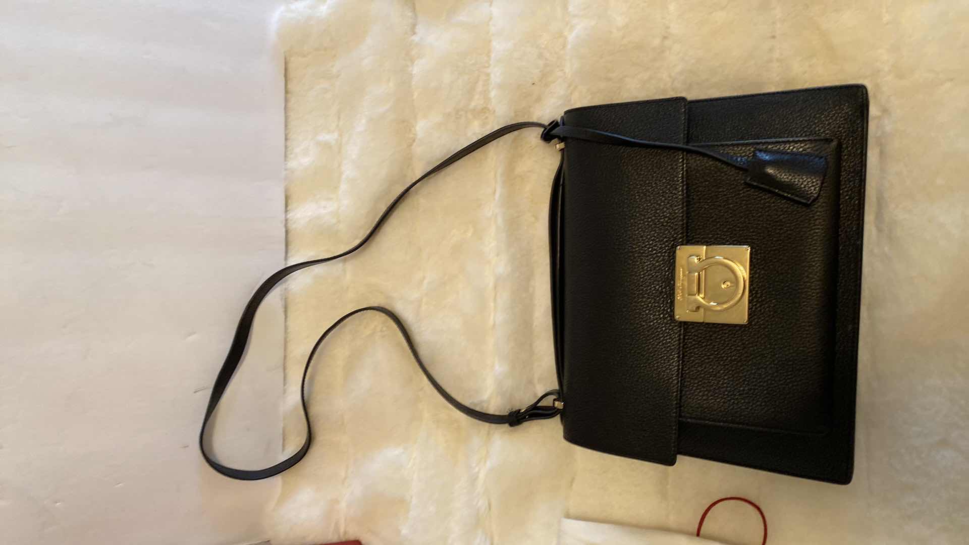 Photo 5 of AUTHENTIC SALVATORE FERRAGAMO MARISOL NERO CALF AND NERO SKIN HANDBAG WITH BOX, FINAL SALE, NOT REFUNDABLE 10 1/2” x 3” H8 1/4”