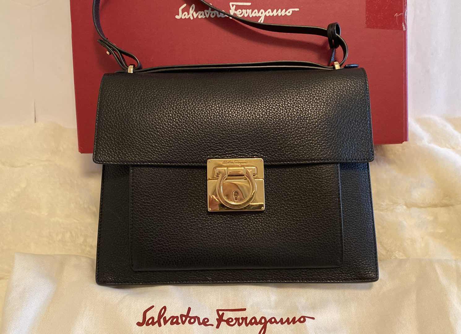 Photo 3 of AUTHENTIC SALVATORE FERRAGAMO MARISOL NERO CALF AND NERO SKIN HANDBAG WITH BOX, FINAL SALE, NOT REFUNDABLE 10 1/2” x 3” H8 1/4”