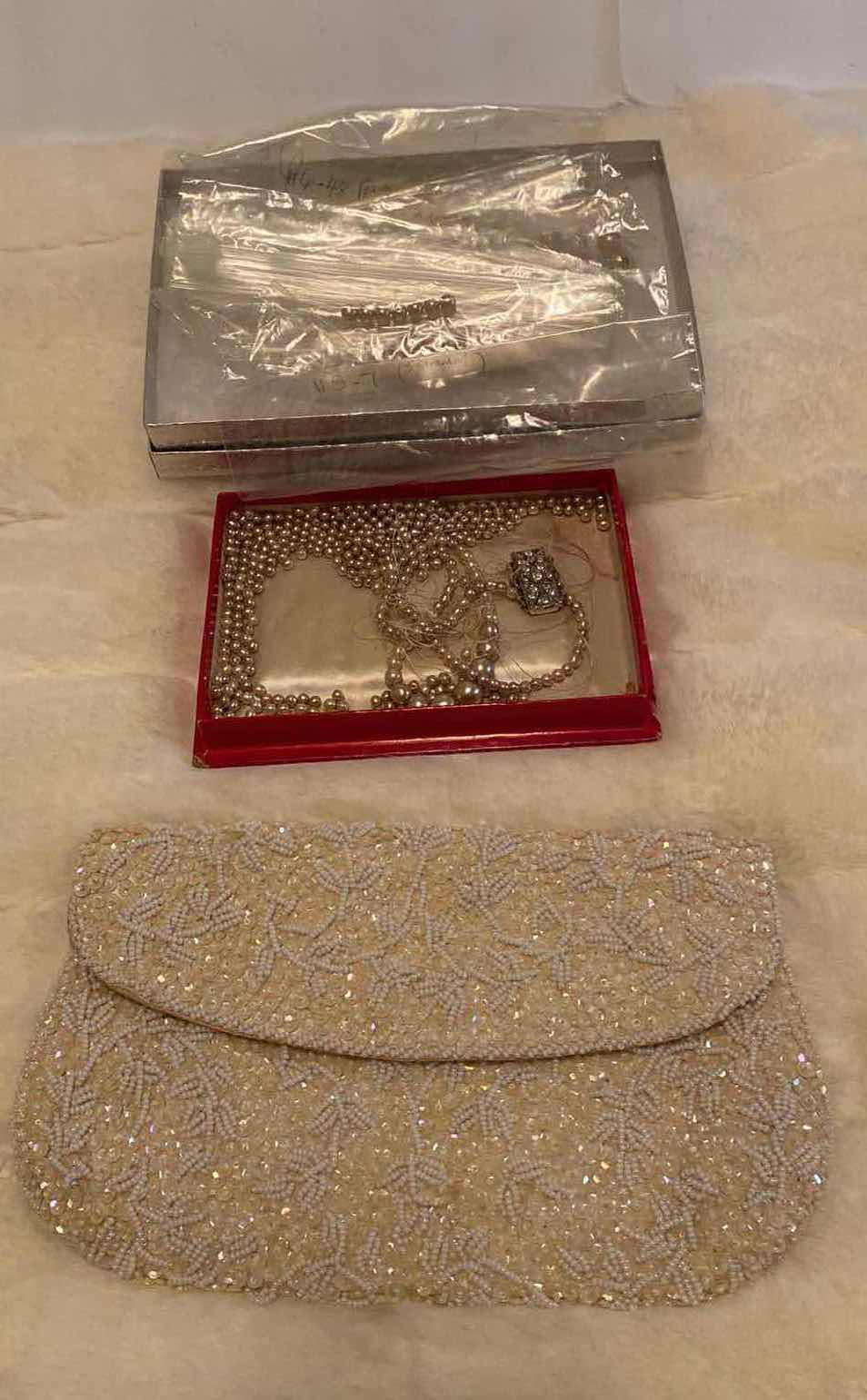 Photo 1 of VINTAGE 1940’s SEQUIN AND BEADED CLUTCH 9 1/4” X 5 1/2” AND PEARLS NECKLACE (NECKLACE NEEDS RESTRINGING)