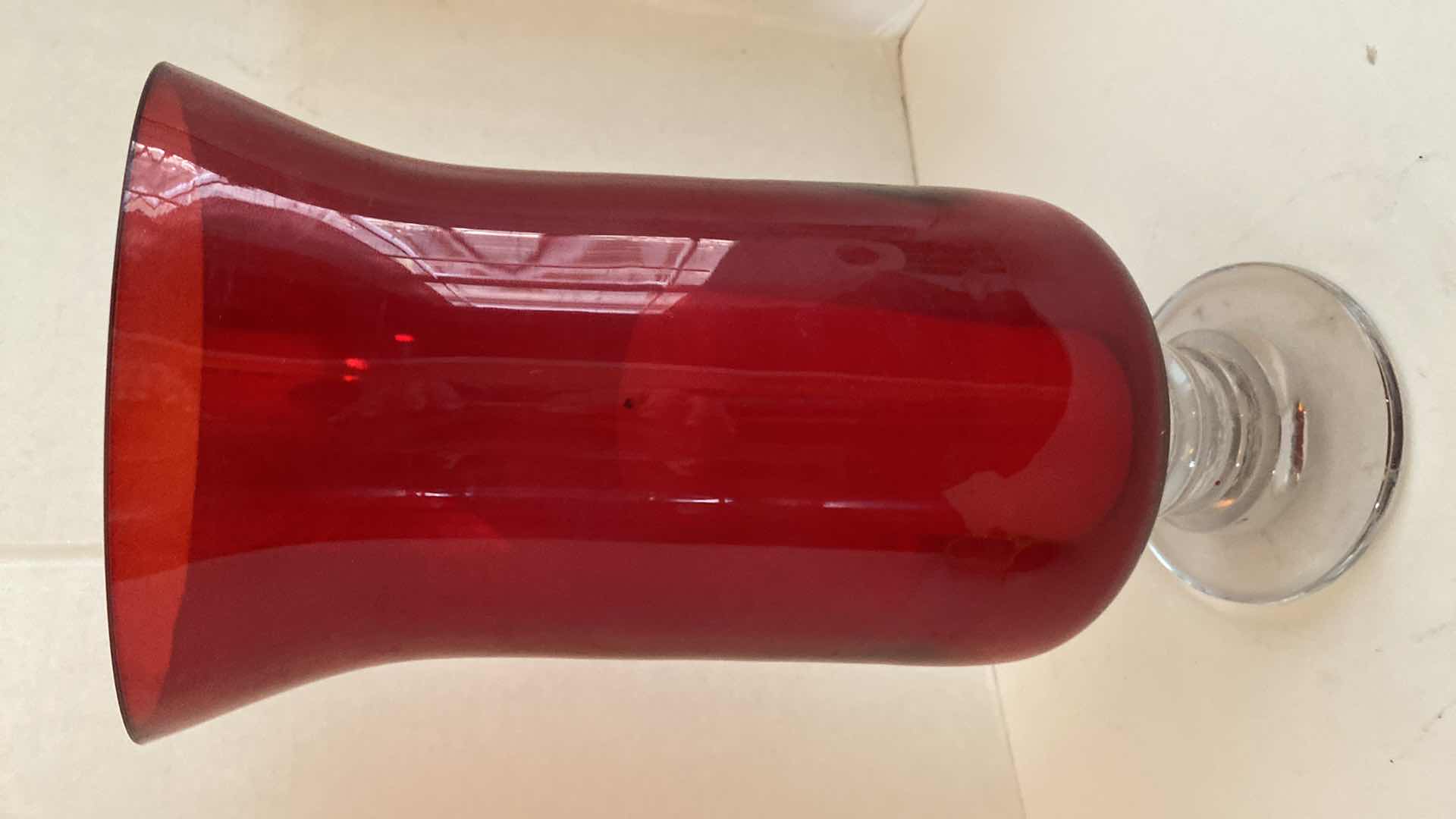 Photo 2 of CRANBERRY AND CLEAR HAND BLOWN GLASS HURRICANE  CANDLE HOLDER WITH CANDLE H 14”