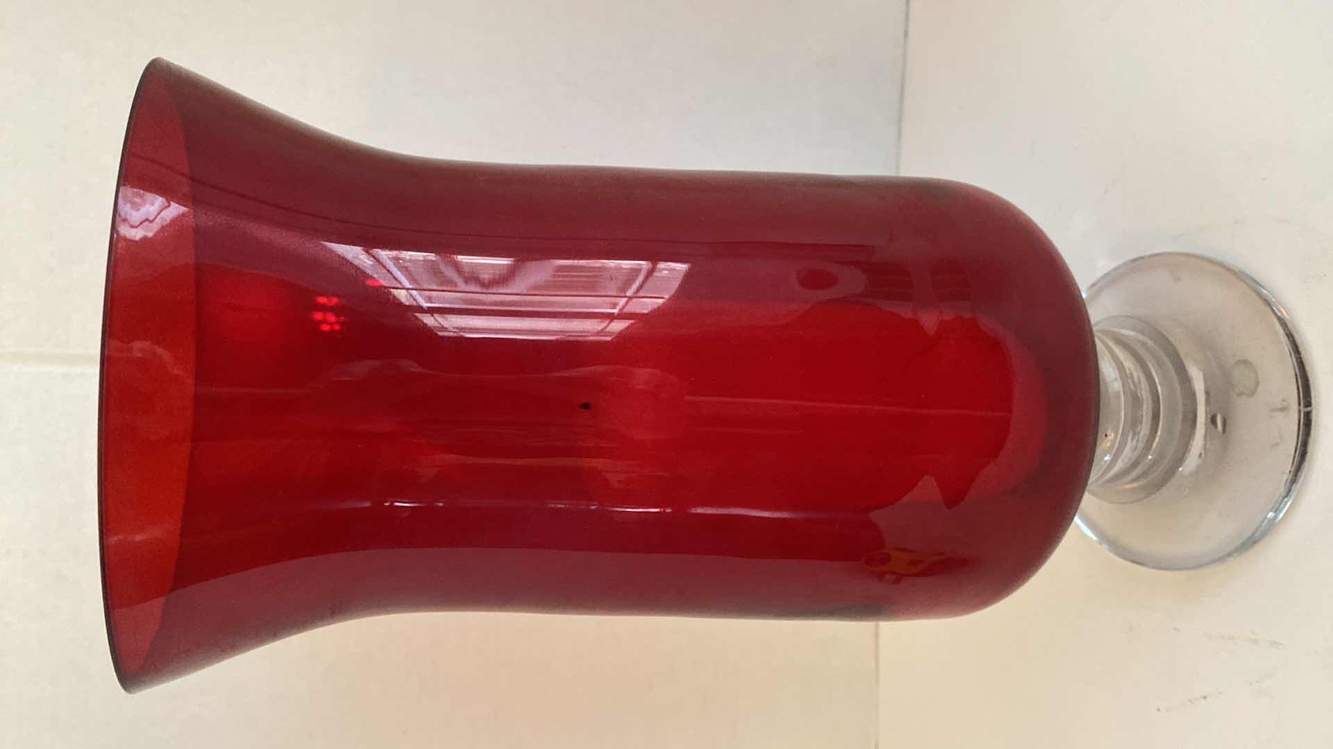Photo 1 of CRANBERRY AND CLEAR HAND BLOWN GLASS HURRICANE  CANDLE HOLDER WITH CANDLE H 14”