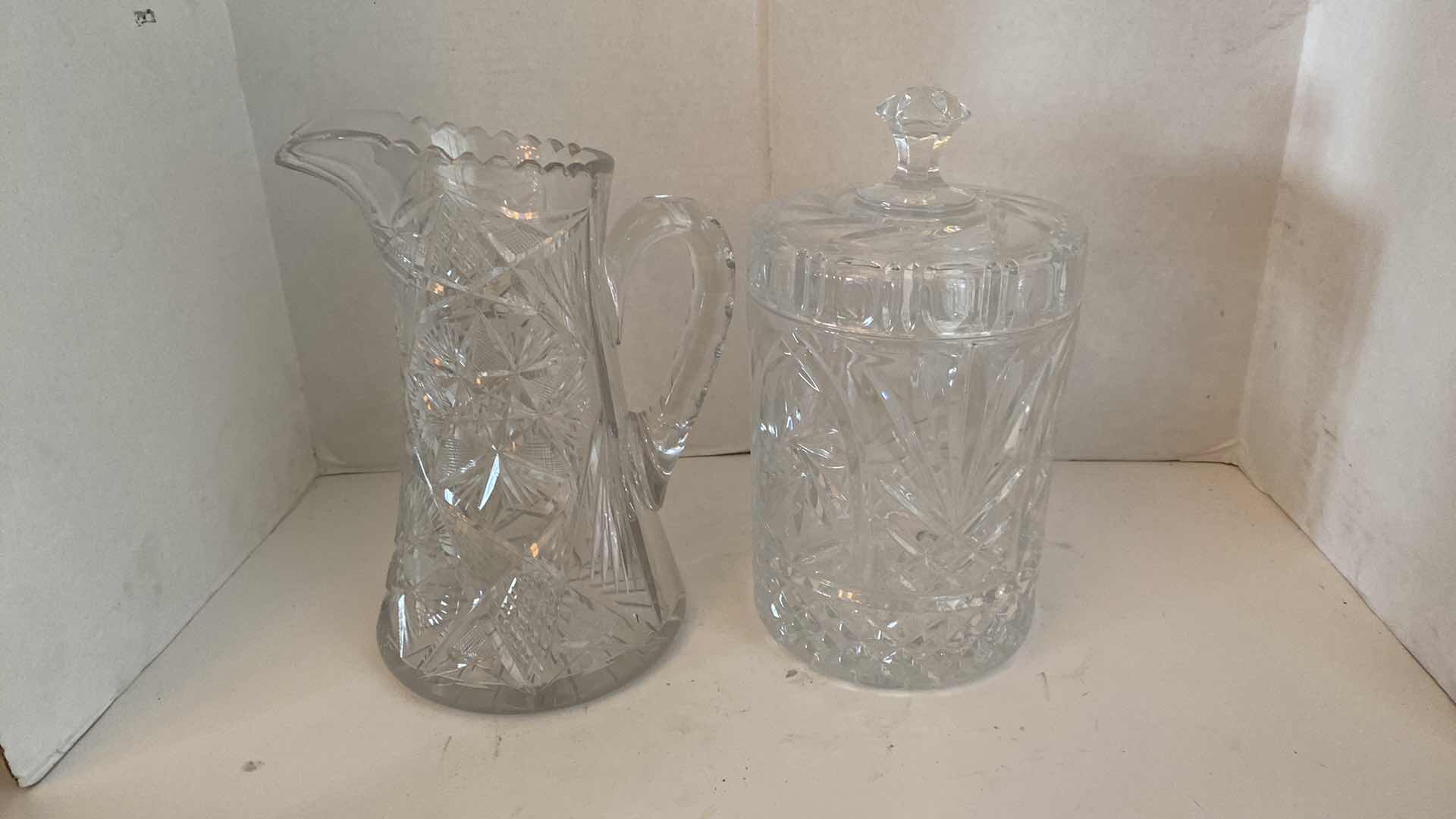 Photo 2 of LEADED GLASS PITCHER AND COVERED JAR H 11”