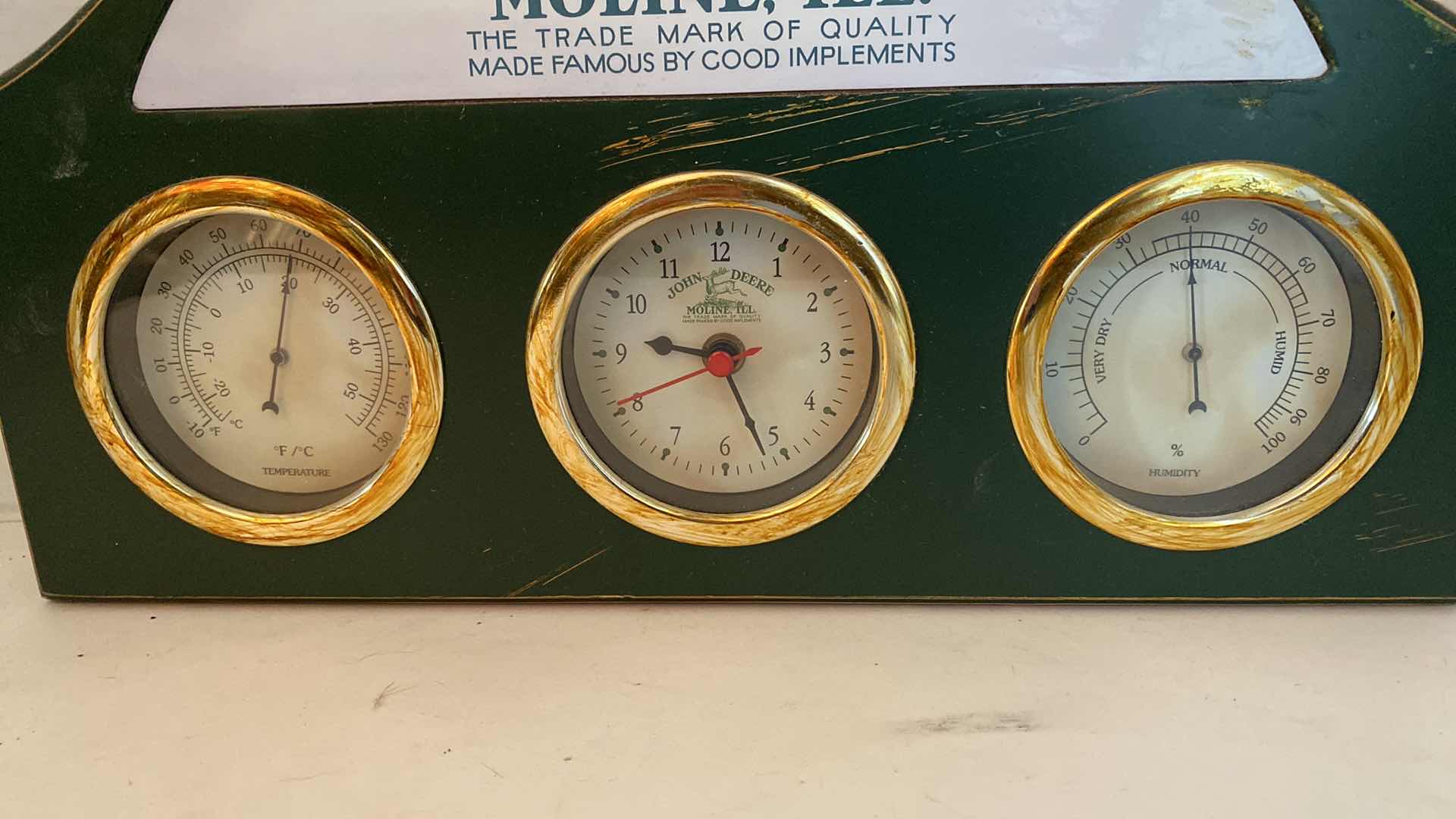 Photo 2 of VINTAGE JOHN DEERE CLOCK TEMPERATURE AND HUMIDITY WALL DECOR 15” x 9 1/2”