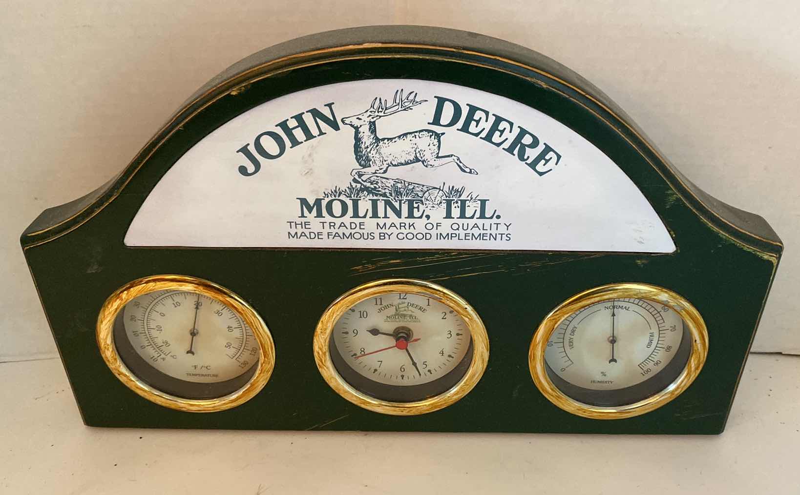 Photo 1 of VINTAGE JOHN DEERE CLOCK TEMPERATURE AND HUMIDITY WALL DECOR 15” x 9 1/2”