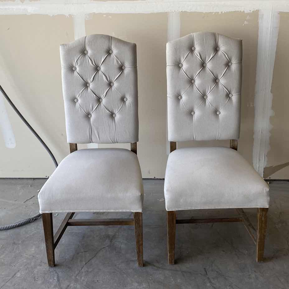 Photo 1 of PAIR OF LINEN FABRIC CHAIRS H 44 1/2” note- need cleaning