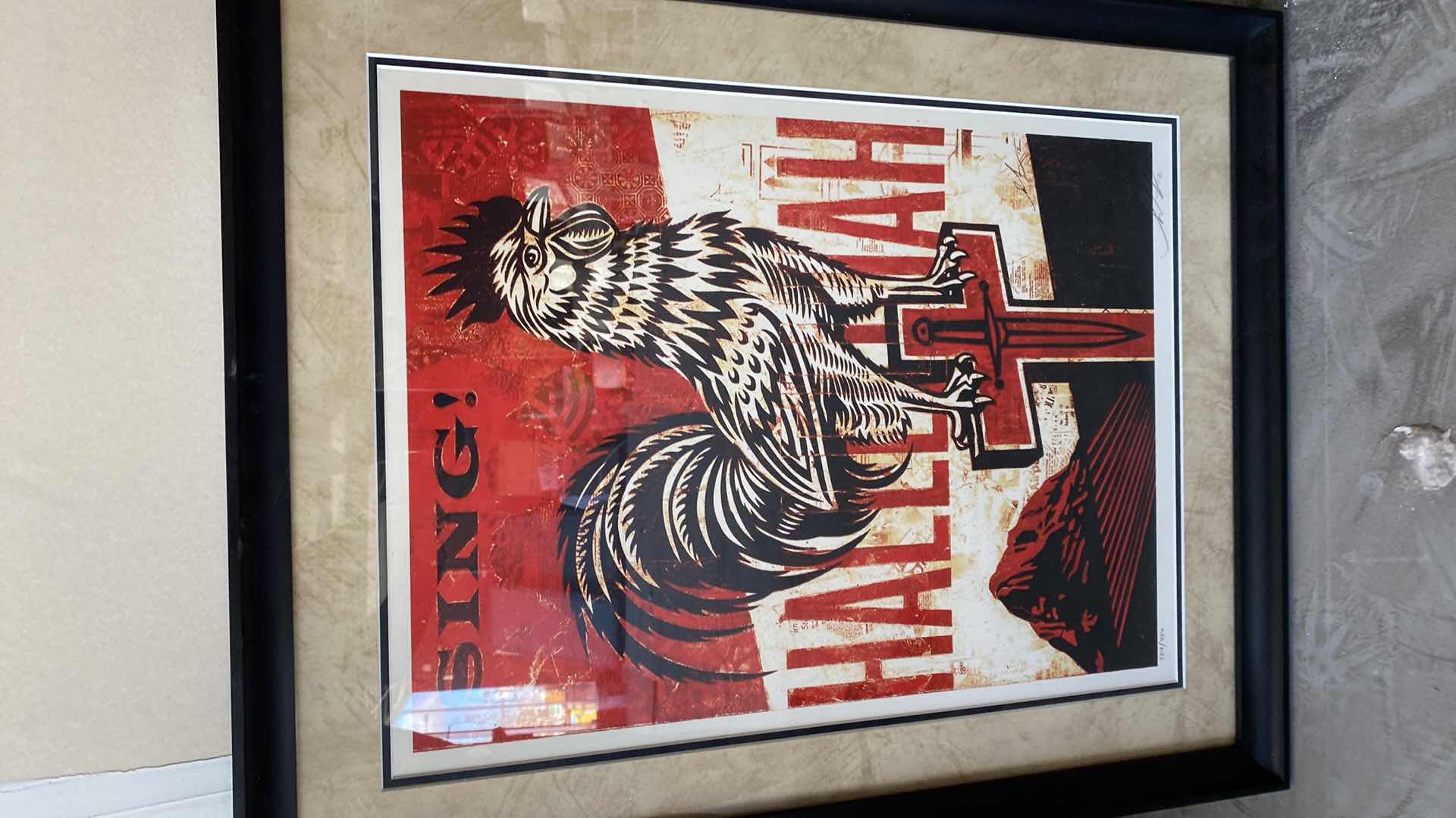 Photo 2 of FRAMED SHEPARD FAIREY “JESUS CHARIOT” SIGNED 324/450 ON SPECKLE TONE FINE ART PAPER  18” X 24” WITH FRAME 24 1/2“ x 31“