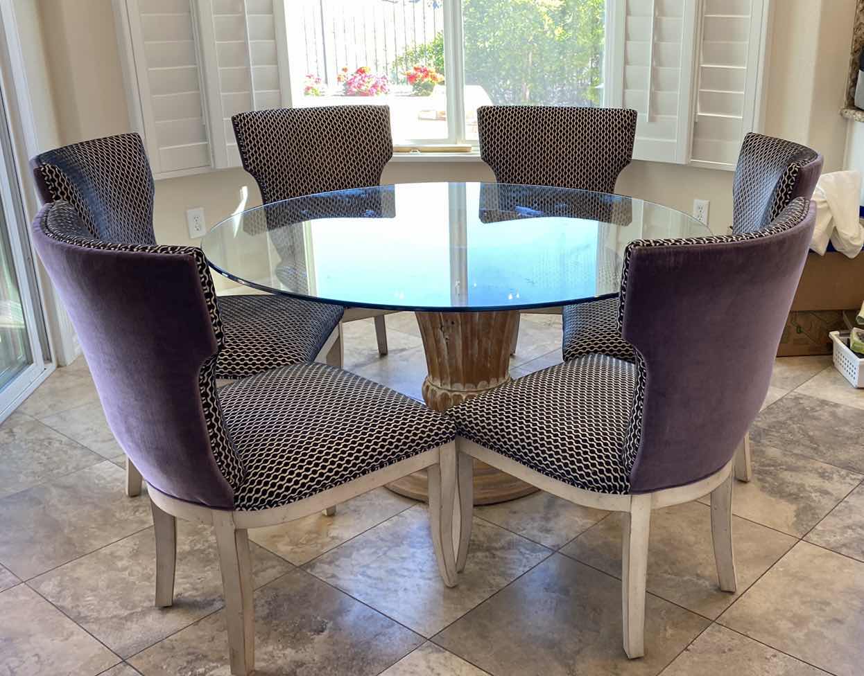 Photo 1 of ROUND GLASS TOP DINING TABLE WITH 6 CHAIRS 54”DIAMETER X H 29”