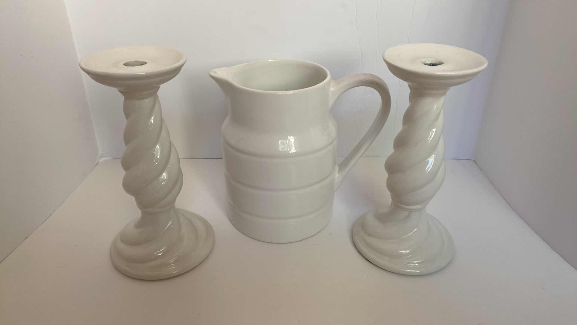 Photo 1 of CERAMIC CANDLE STICKS AND PITCHER