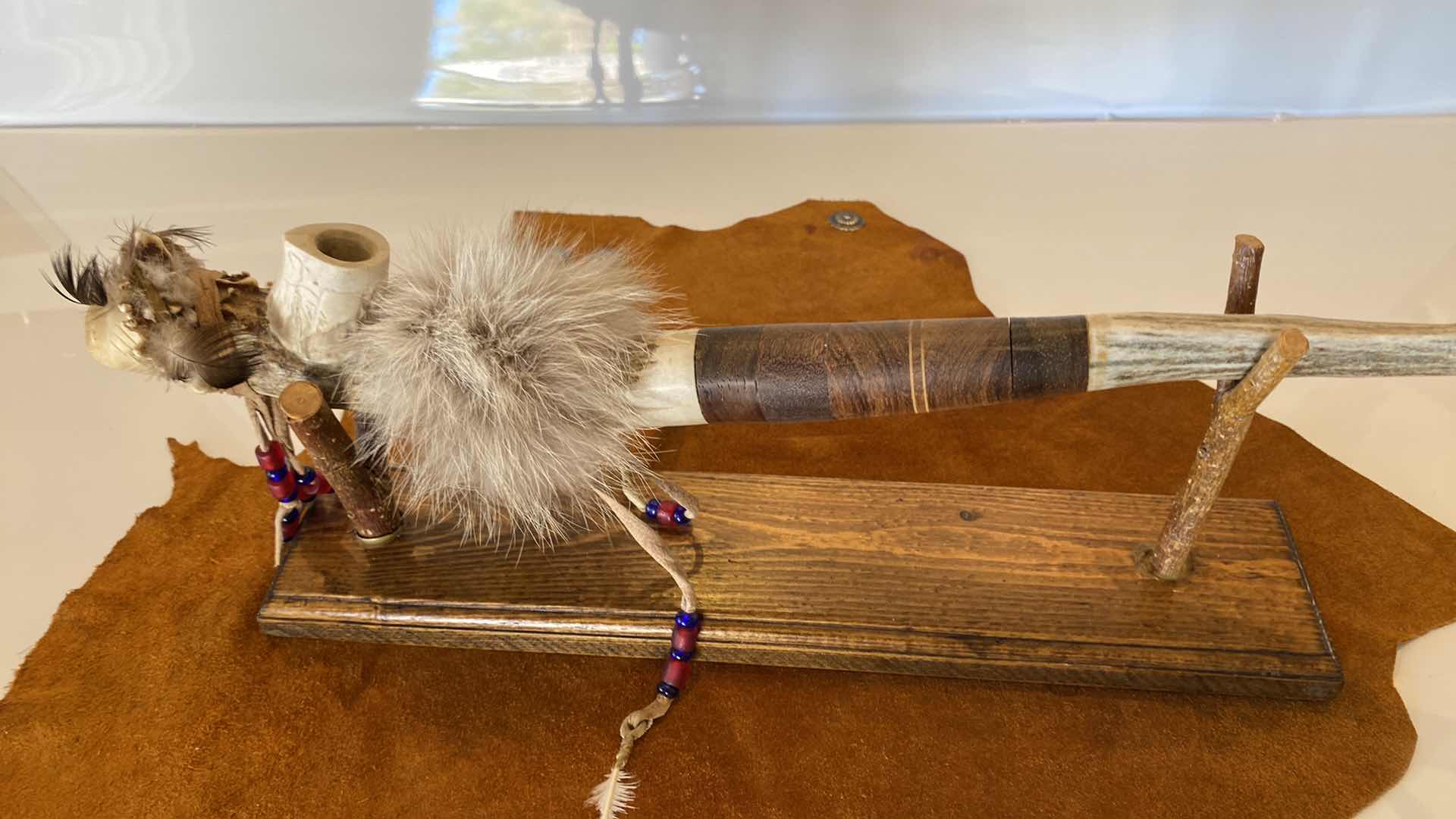 Photo 1 of NATIVE AMERICAN EAGLE HEAD PIPE ON STAND 15 1/2” AND HIDE CLOTH