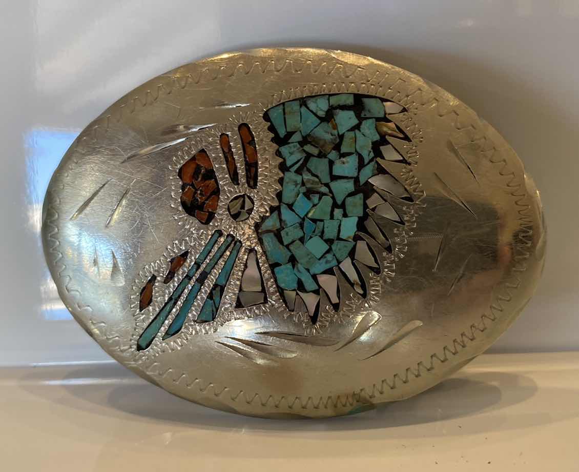 Photo 1 of SILVER BELT BUCKLE INDIAN HEAD DRESS TURQUOISE
