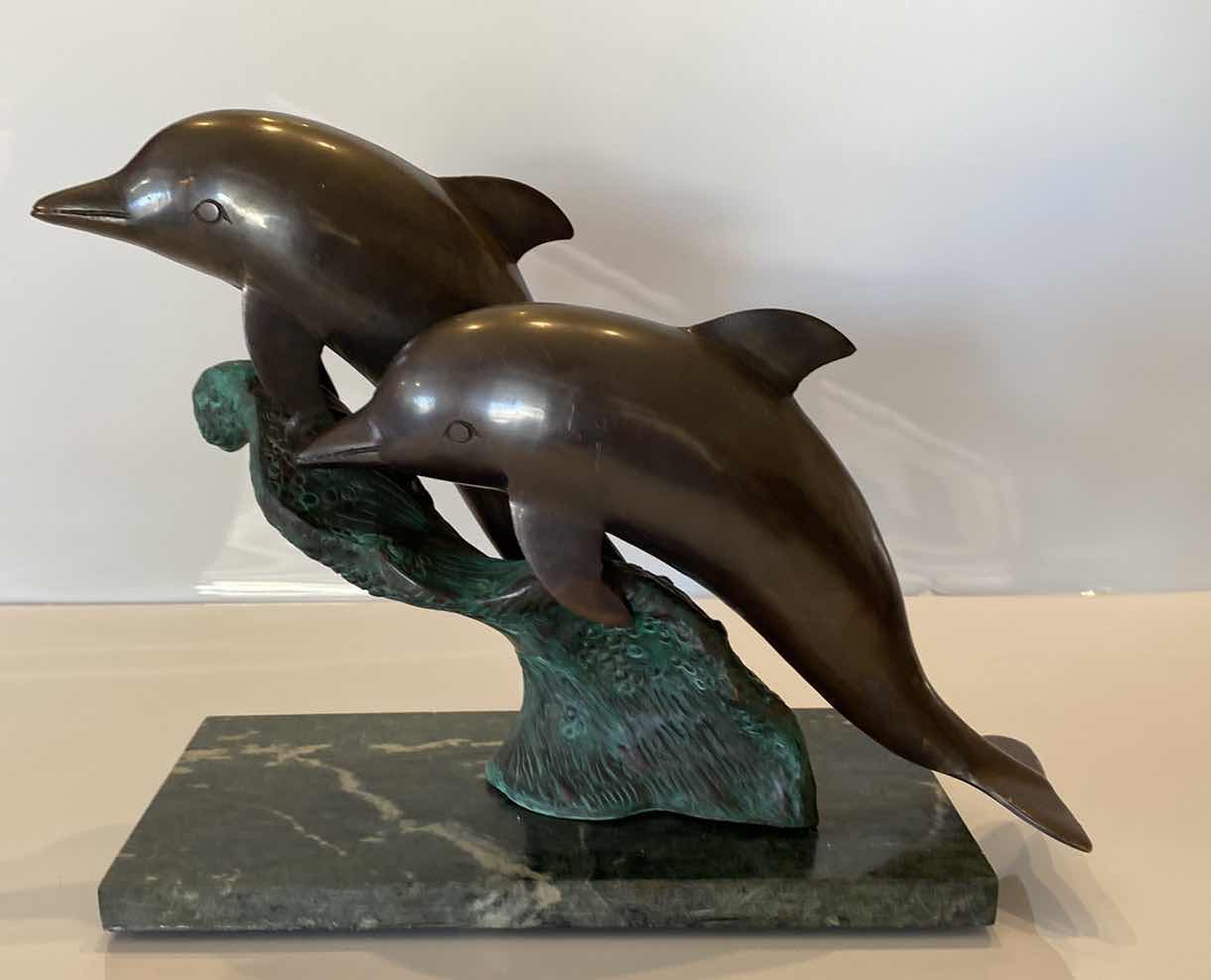 Photo 2 of METAL AND MARBLE DOLPHIN STATUE 14” x 11”