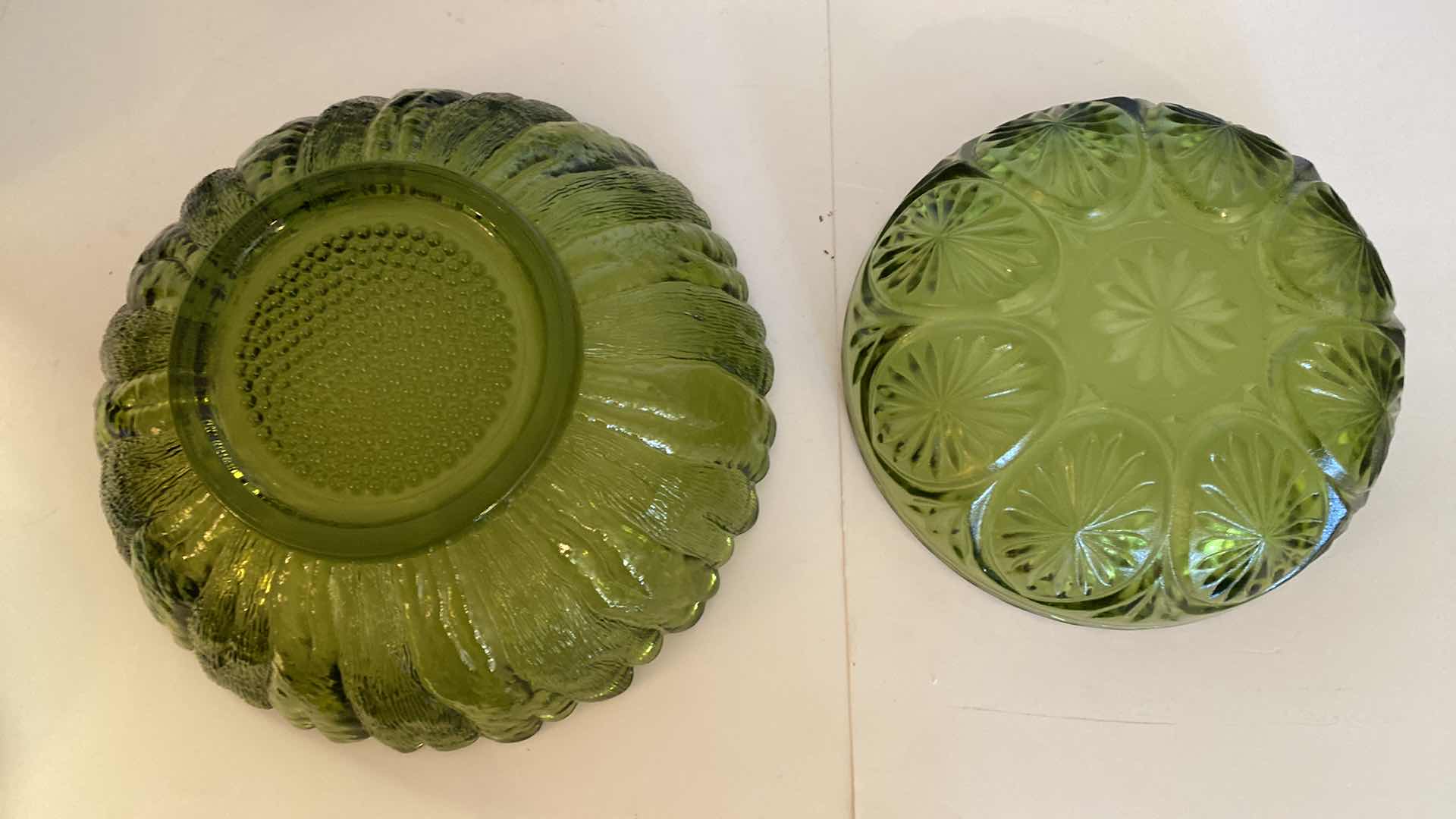 Photo 4 of PAIR OF GREEN GLASS BOWLS LARGEST 10 1/2”