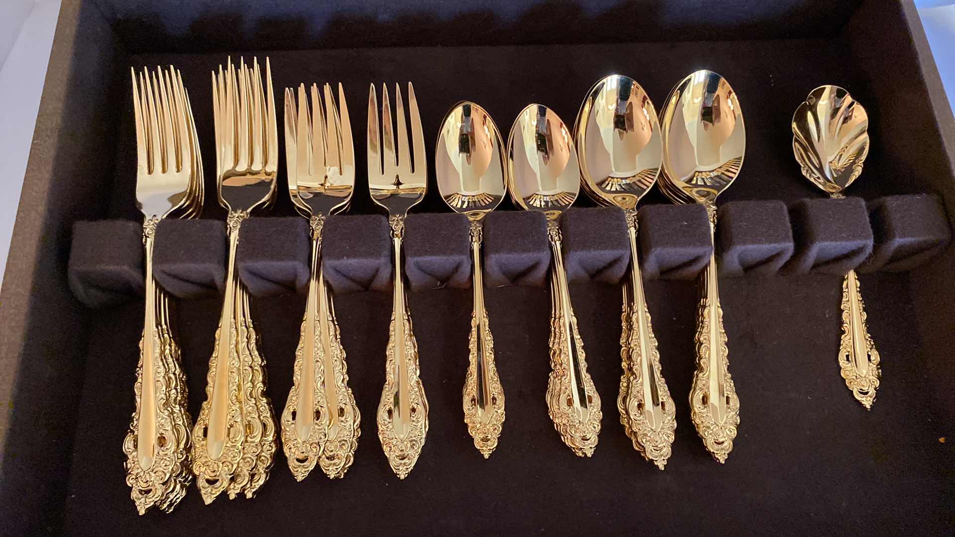 Photo 3 of COMMUNITY GOLD ELECTROPLATE SERVICE FOR 12 PATTERN GOLDEN ROYAL GRANDEAUB WITH SERVING PIECES