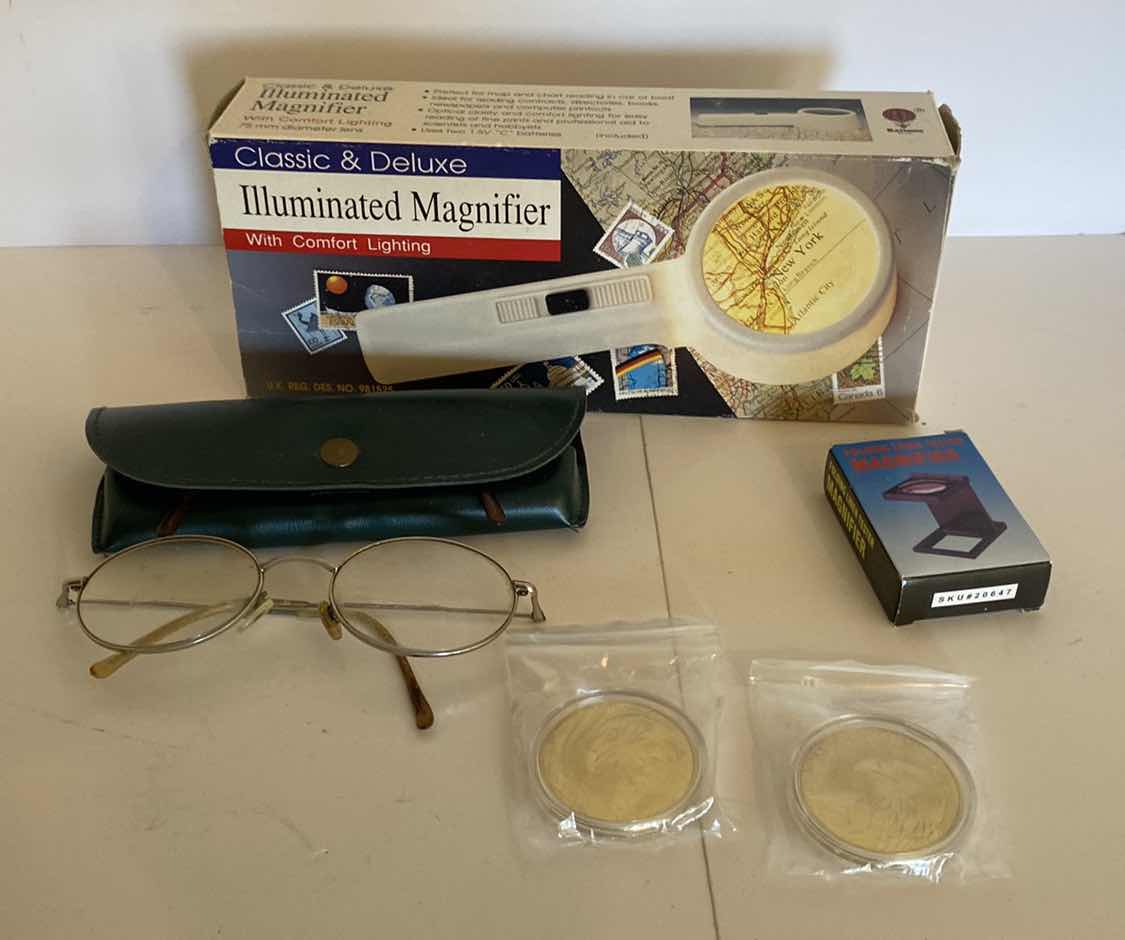 Photo 1 of MAGNIFIERS READING GLASSES AND GOLD COLOR COINS WITH BUBLE VERSE ISIAH 40:31