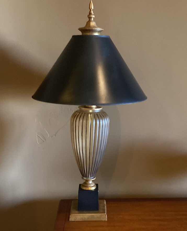 Photo 1 of GOLD GLASS TABLE LAMP WITH BLACK SHADE H 34”