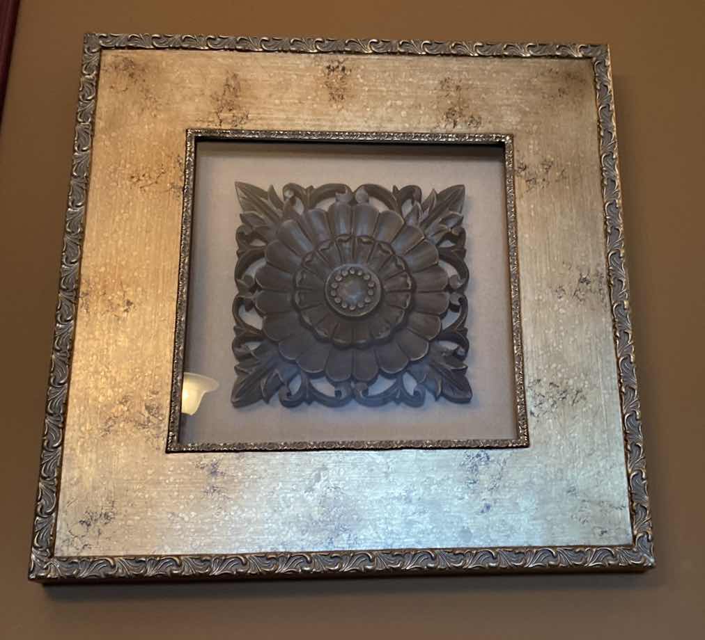 Photo 1 of GOLD FRAMED SHADOW BOX WITH WOOD PLAQUE ARTWORK 27 1/2” x 27 1/2”