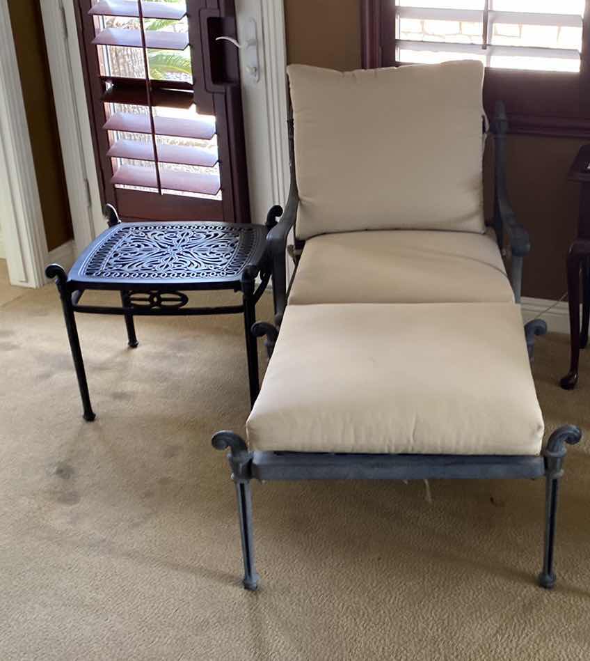 Photo 1 of OUTDOOR WROUGHT IRON CHAIR WITH CUSHIONS OTTOMAN AND SIDE TABLE (UNBRANDED) ( 2 AVAILABLE EACH SILD SEPARATELY)