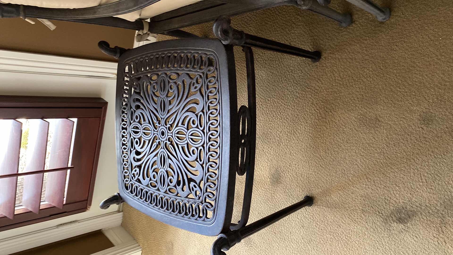 Photo 3 of OUTDOOR WROUGHT IRON CHAIR WITH CUSHIONS OTTOMAN AND SIDE TABLE (UNBRANDED) ( 2 AVAILABLE EACH SOLD SEPARATELY)
