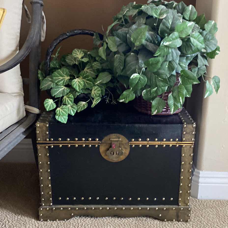 Photo 1 of BLACK AND METAL TRUNK 20“ x 13“ H 14” AND 2 FAUX PLANTS