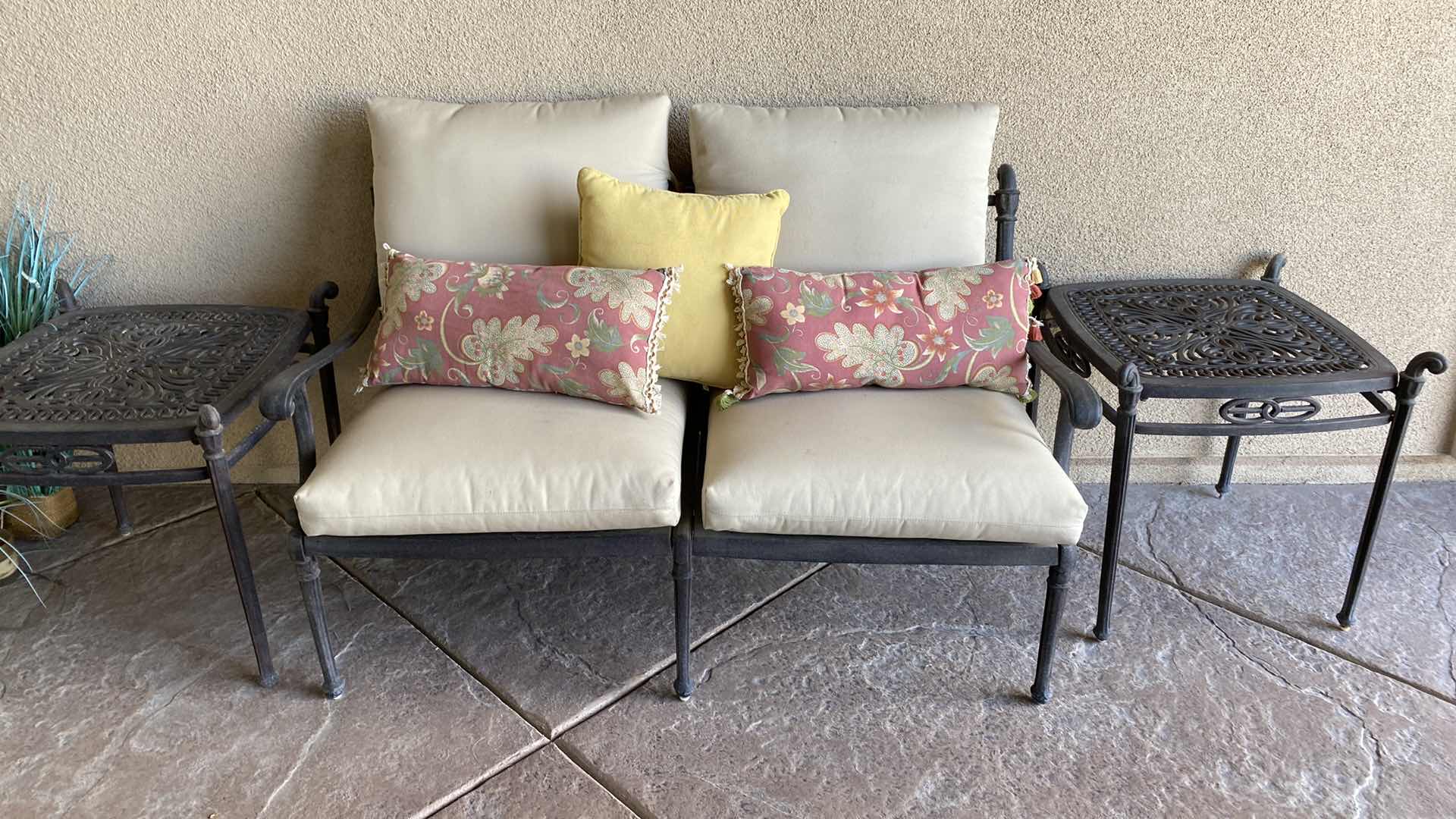 Photo 1 of HEAVY UNBRANDED WROUGHT IRON PATIO LOVESEAT WITH CUSHIONS  56” X 33” H 33” AND 2 END TABLES 23“ x 23“ H 24“