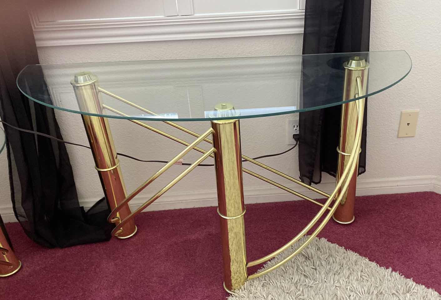 Photo 1 of POLISHED GOLD METAL CONSOLE TABLE WITH GLASS TOP 48“ x 18“ H 26”