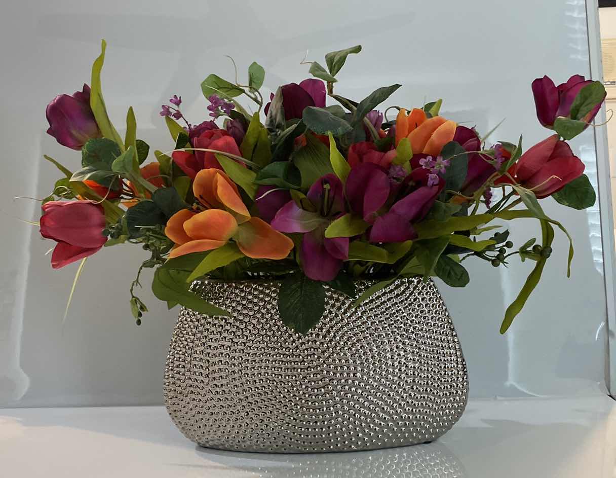 Photo 1 of GOLD METAL VASE 15 1/2“ x 8 1/2“ WITH FAUX TULIPS